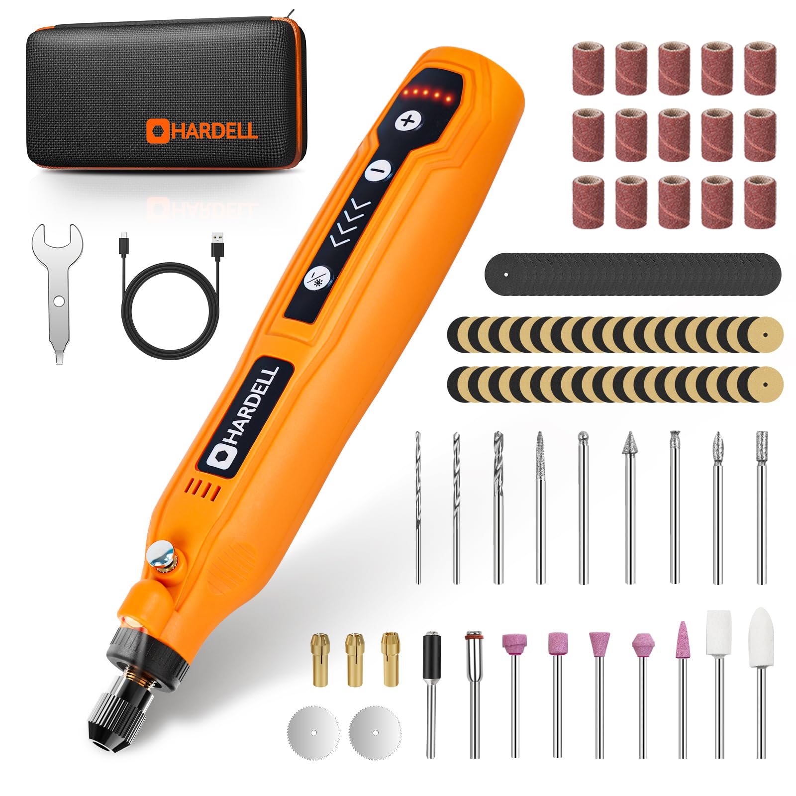 ابزار چرخشی بی‌سیم Mini Cordless Rotary Tool Kit از HARDELL، با 5 سرعت و شارژ USB و 61 لوازم جانبی، ابزار چرخشی با توان 3.7 ولت چندمنظوره برای سنگ زنی، پولیش، سوراخکاری، حکاکی، گلیم و سایر انواع کارهای دستی، رنگ نارنجی تیره