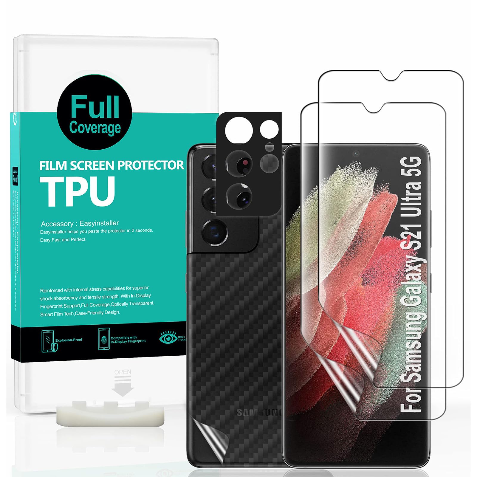 محافظ صفحه نمایش (پک ۲ عددی) Ibywind برای Samsung Galaxy S21 Ultra ۵G (6.8 اینچ) با محافظ لنز دوربین و فیلم کربن فایبر پشتی، بدون حباب، فناوری فیلم هوشمند، ۹۹٪ شفافیت با کیفیت HD، نصب آسان