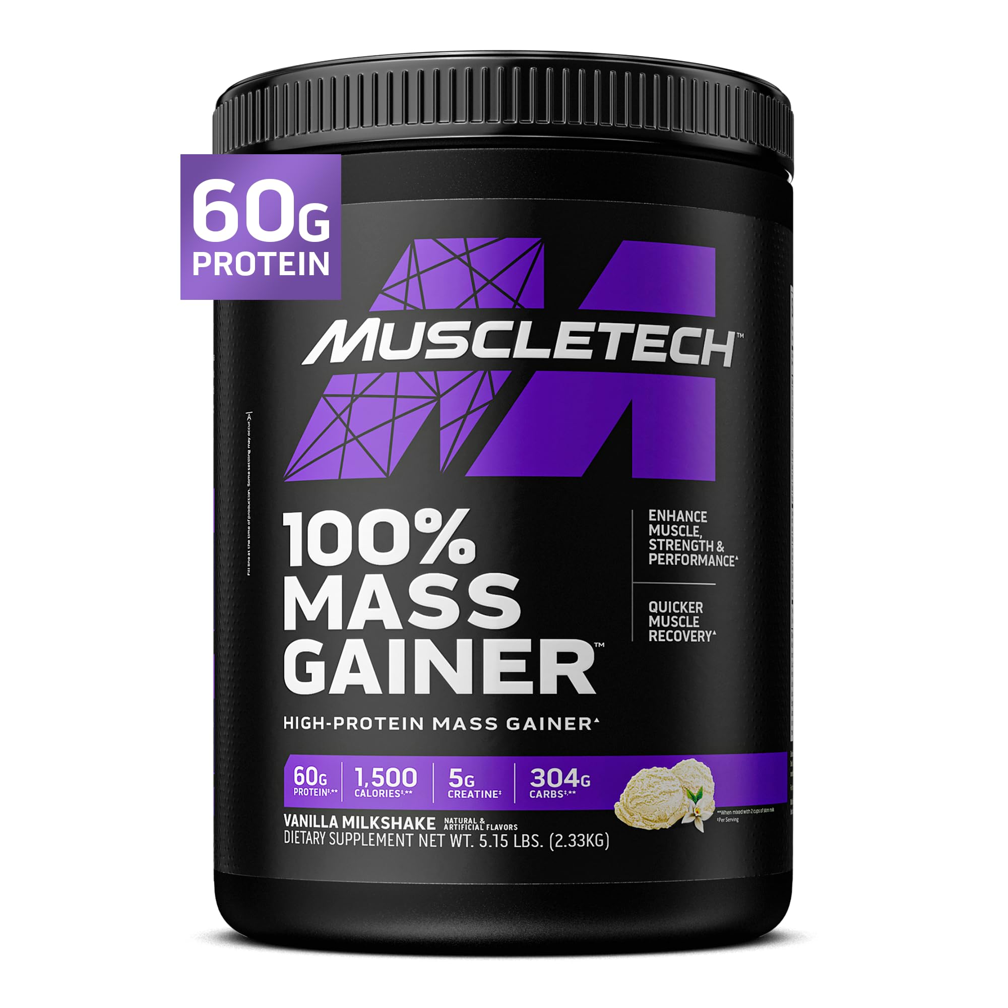 پودر پروتئین Muscletech 100% Mass Gainer برای افزایش عضلات، قدرت، عملکرد و بهبود سریعتر بازیابی عضلانی - حاوی 60 گرم پروتئین، 5 گرم کراتین، 13.1 گرم BCAAs و 1500 کالری، وانیل میلک شیک حاوی 5.15 پوند وانیل میلک شیک