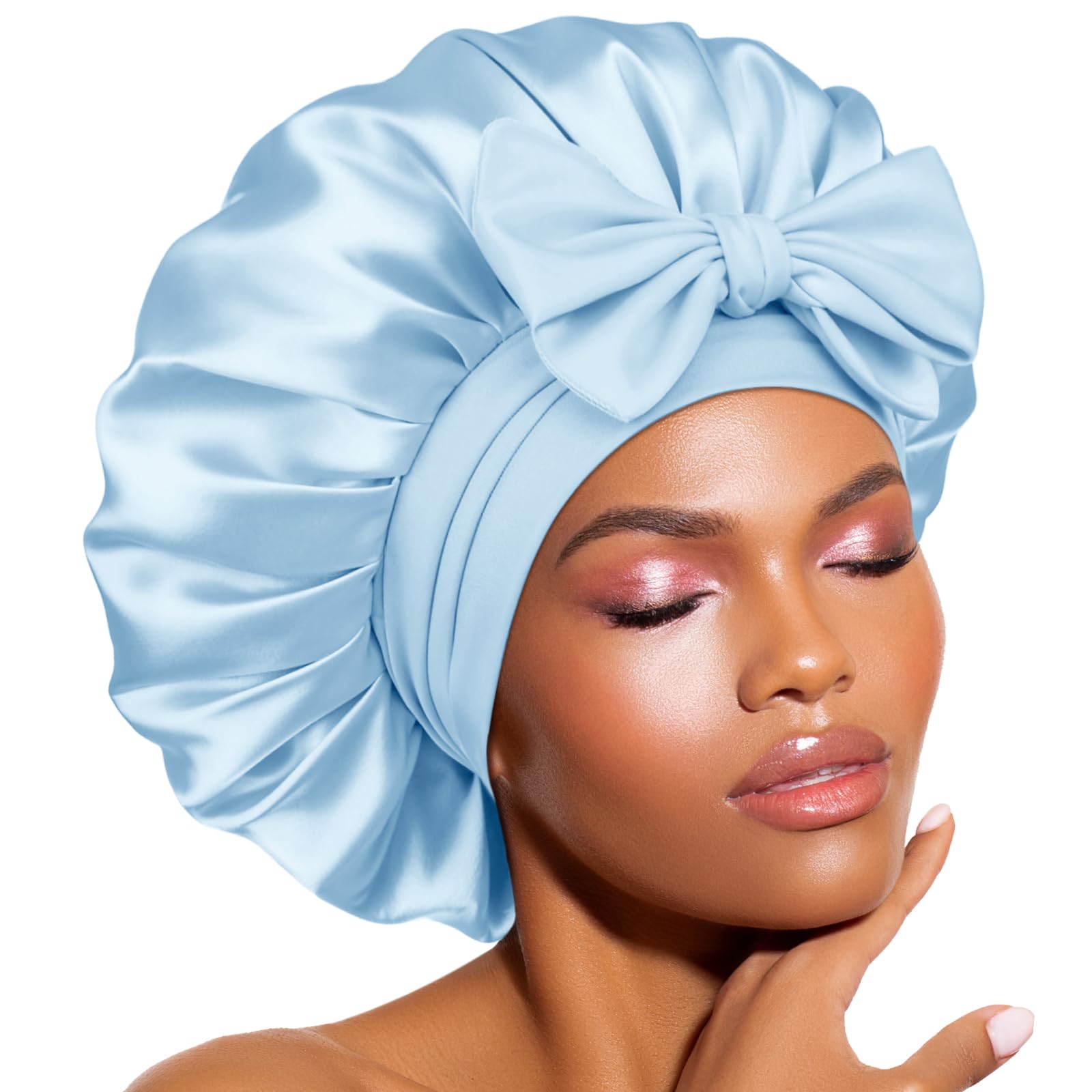 کلاه ابریشمی BONNET QUEEN برای خوابیدن زنان کلاه ابریشمی کلاه موی قابل تنظیم مچ بندی شبانه کلاه خواب با باند بسته نقره ای آبی