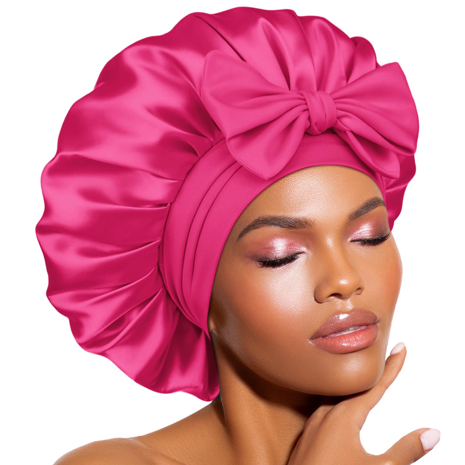 کلاه حریری BONNET QUEEN برای خوابیدن زنان کلاه حریری روی سر کلاه مو قابل تنظیم مچاله مو شبانه شب با باند بند صورتی گرم