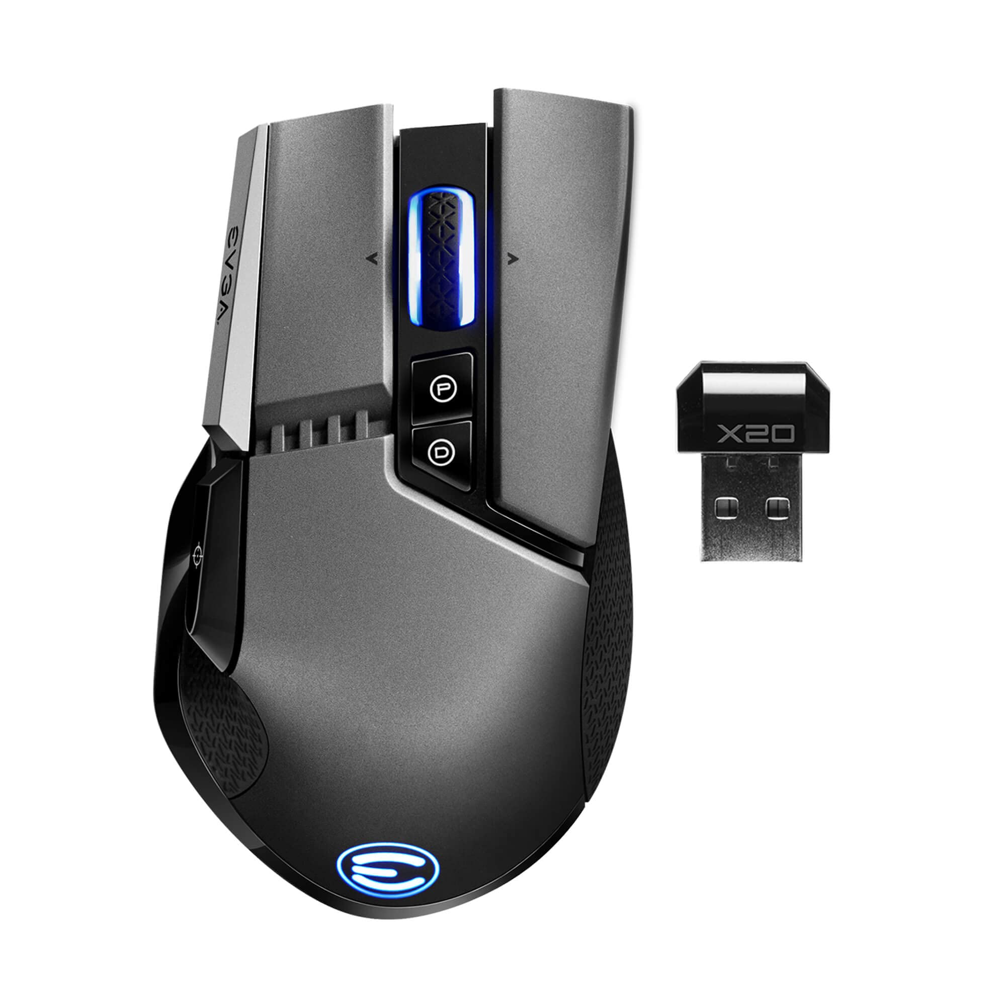 ماوس بازی EVGA X20، بی‌سیم، خاکستری، قابل تنظیم، 16،000 نقطه در اینچ، 5 پروفایل، 10 دکمه، ERGONOMIC 903-T1-20GR-KR Grey X20