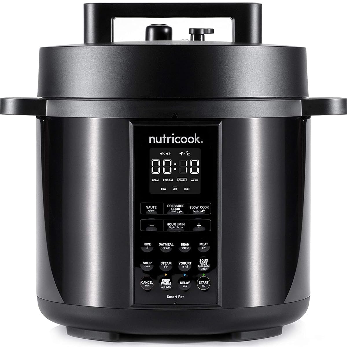 قابلیت‌های Nutricook Smart Pot 2، 8 لیتر، دستگاه پلوپز برقی 9 در 1، کوره‌ی آهسته، پلوپز، بخارپز، قابلمه‌ی تابه‌ای، تهیه‌کننده ماست و موارد دیگر، 12 برنامه‌ی هوشمند با درپوش هوشمند جدید، گارانتی محدود 2 ساله، رنگ مشکی، 8 لیتر.