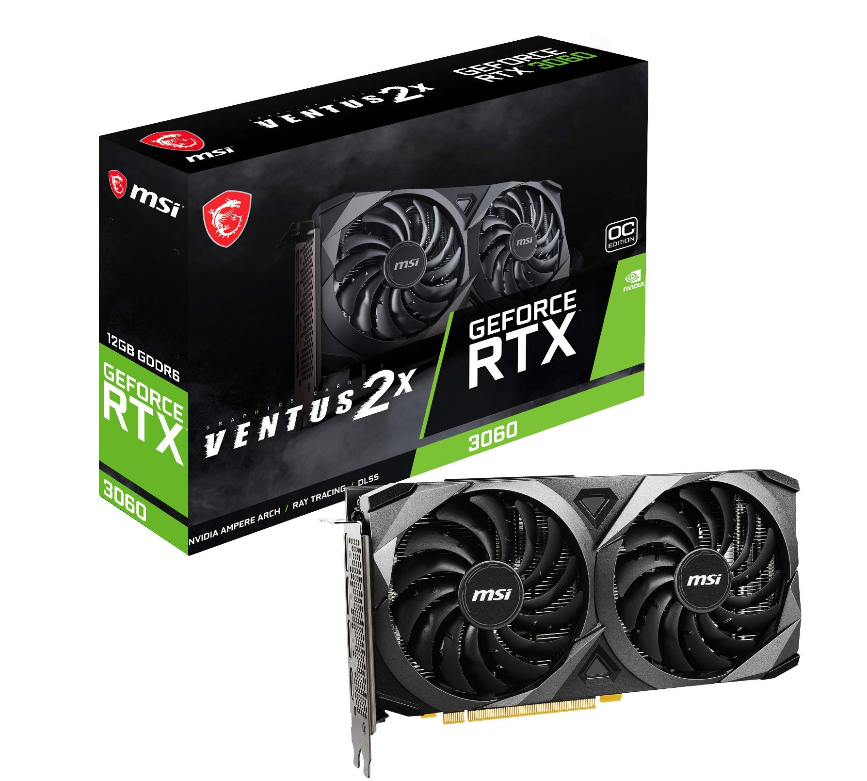 MSI GeForce RTX 3060 VENTUS 2X 12G OC Graphics Card: PCI Express Gen 4, 15 Gbps سرعت حافظه, 12GB GDDR6, 3x DisplayPort, 7680 x 4320 رزولوشن حداکثر, Dual Fan, TORX FAN 3.0 - Black MSI Gaming GeForce RTX 3060 12GB