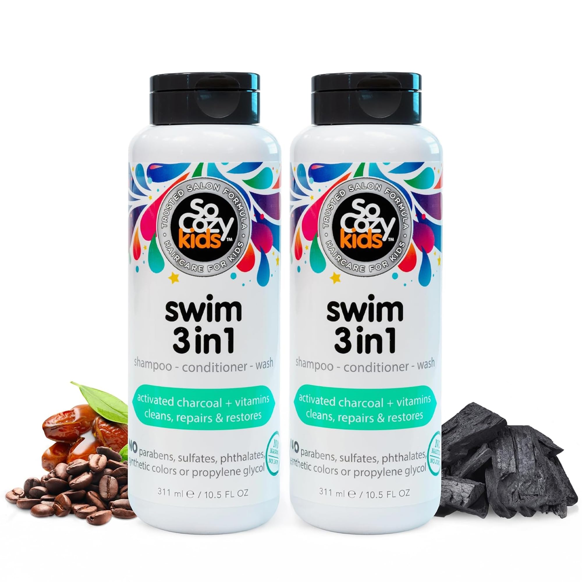 شامپو، نرم کننده و ژل استحمام 3 در 1 بچگانه So Cozy - شامپو و نرم کننده حمام استحمام 3 در 1 برای شناکاران - حذف نمک و کلر با زغال فعال، 10.5 فلزی (بسته‌ی 2 عدد) 8 فلزی (بسته‌ی 1 عدد)