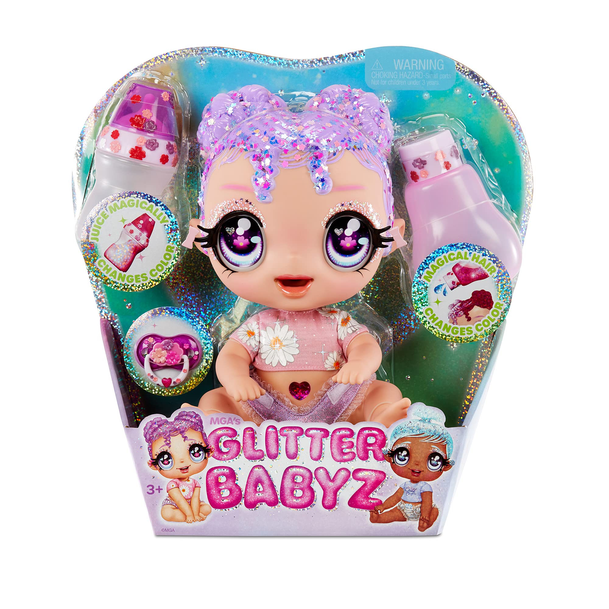 عروسک بچه Glitter Babyz Lila Wildboom - با 3 تغییر رنگ جادویی، موی بنفش، و لباس سبک گل - شامل لباس‌های قابل استفاده مجدد، شیشه شیر، و ارضا کننده - اسباب بازی قابل جمع آوری برای کودکان بالای 3 سال