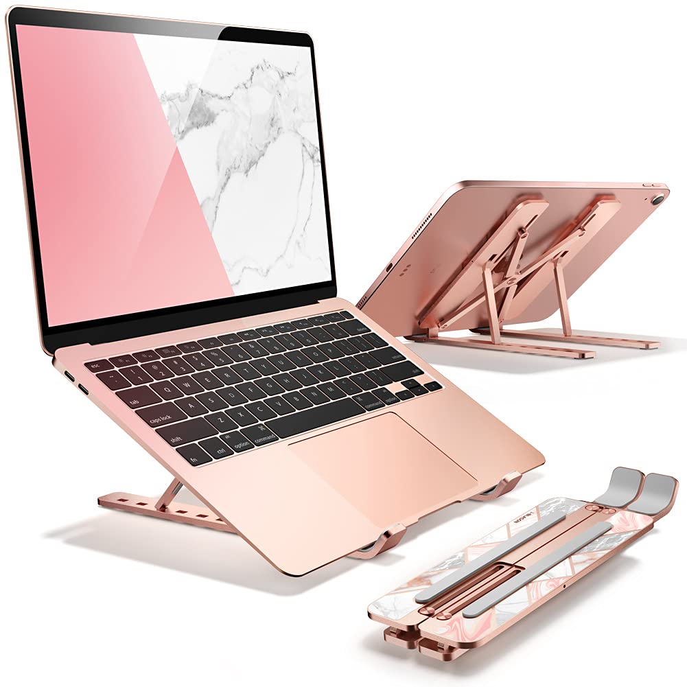استند قابل تنظیم لپ تاپ سری Cosmo از i-Blason، استند قابل حمل کامپیوتر ساخته شده از آلیاژ آلومینیوم که دارای استند چند زاویه و مناسب برای لپ تاپ‌ها و تبلت‌های 7-17.3 اینچی می‌باشد - بسته‌ی یک عددی رنگ مرمری صورتی