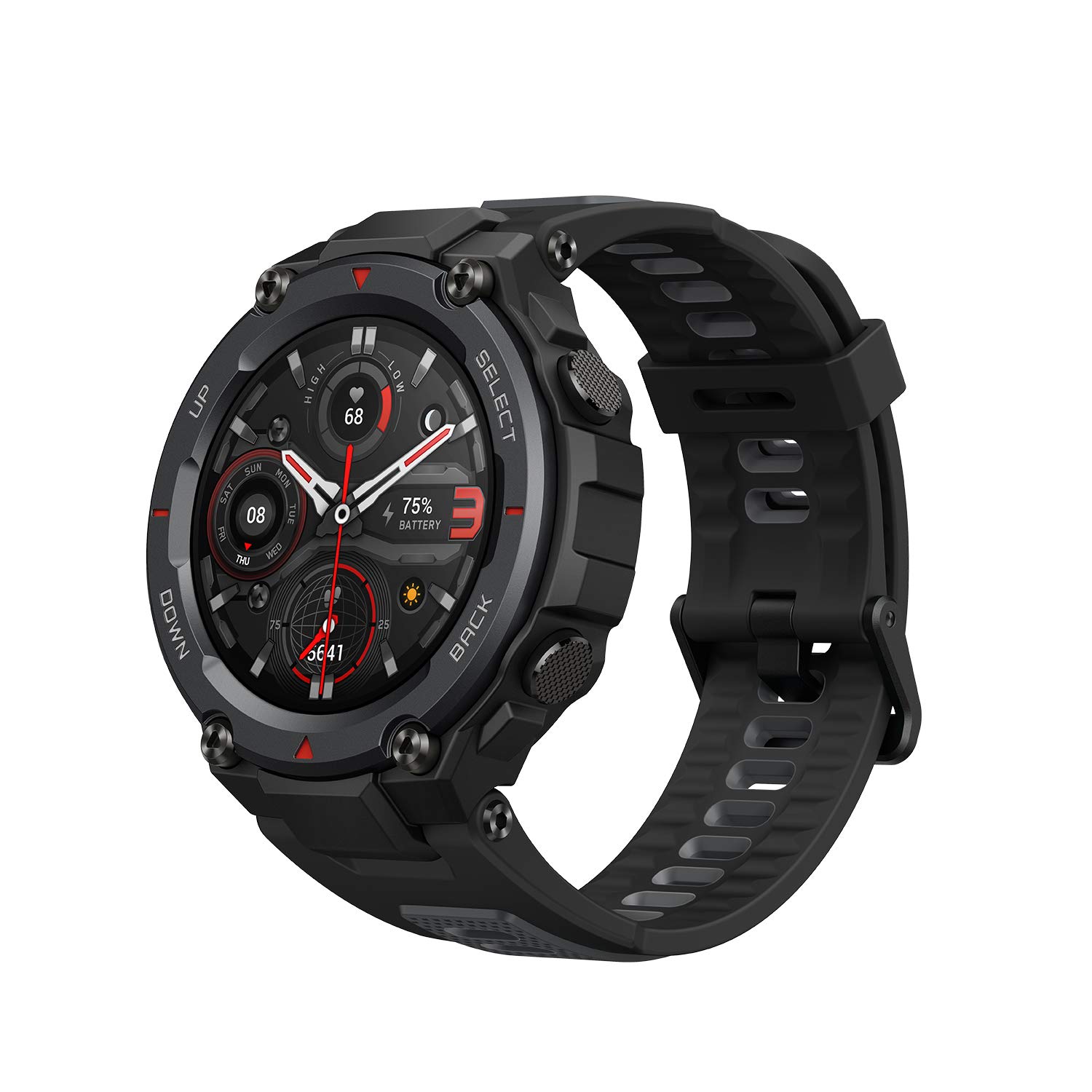 ساعت هوشمند Amazfit T-Rex Pro برای مردان، سخت‌افزاری، با GPS برای فعالیت‌های خارج از منزل، صد‌وپنجاه حالت ورزشی مختلف، ۱۰ ATM ضدآب، با عمر باتری ۱۸ روز، و با مانیتور اکسیژن خون، رنگ مشکی