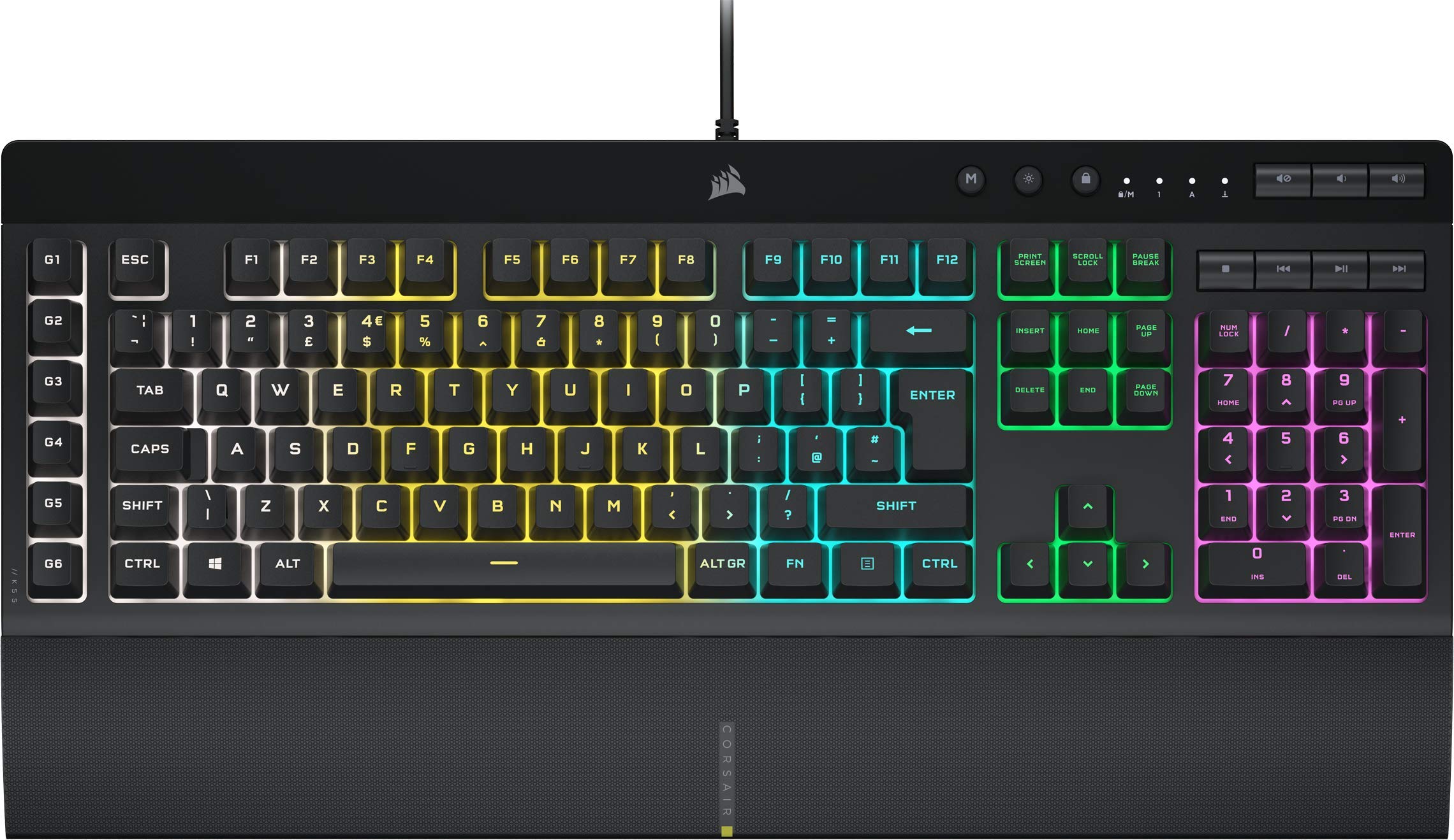 کیبورد Corsair K55 RGB PRO باسیم (پشتیبانی از نورپردازی RGB پویا برای هر کلید، 6 کلید میکرو با امکان ادغام نرم‌افزار Elgato، مقاوم در مقابل گرد و غبار و نفوذ مایعات با استاندارد IP42، قابلیت جداشدن قوز پالم) با سازگاری QWERTY، رنگ مشکی