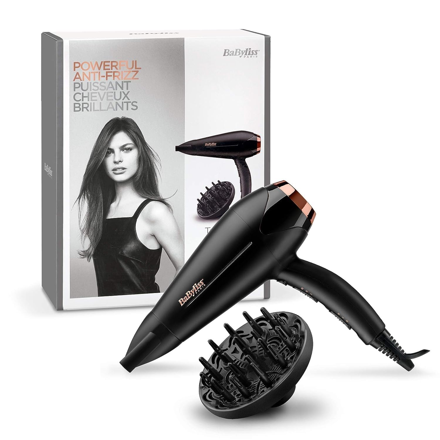 سشوار موتور DC BaByliss، 2200 وات با 3 تنظیم حرارت و 2 سرعت با دکمه Cool Shot، تکنولوژی Ionic برای موهای بی‌فریز، طراحی سبک و راحت با رنگ مشکی به همراه دیفیوزر، مدل D570SDE (مشکی) نسخه امارات متحده عربی