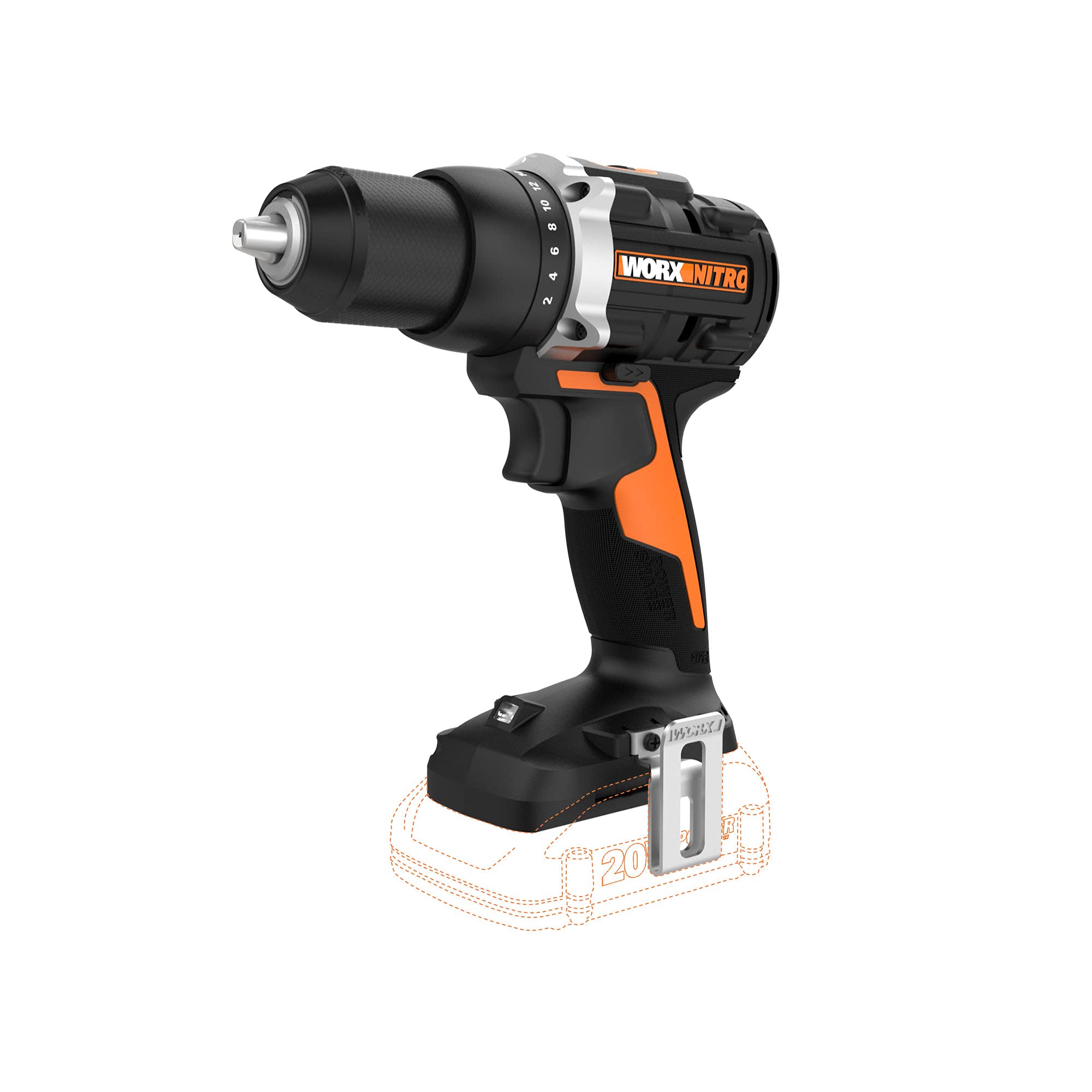 دریل بی‌سیم براشلِس Worx Nitro 20V 1/2" با 535 اینچ-پوند گشتاور و سهولت استفاده از سرپیچ 1/2"، مجهز به سرپیچ، کیت دریل با کیس حمل، سازگار با قدرت باتری Cordless Drill Power Share WX102L - تنها ابزار دریل بی‌سیم 20V 1/2" براشلِس (تنها ابزار)
