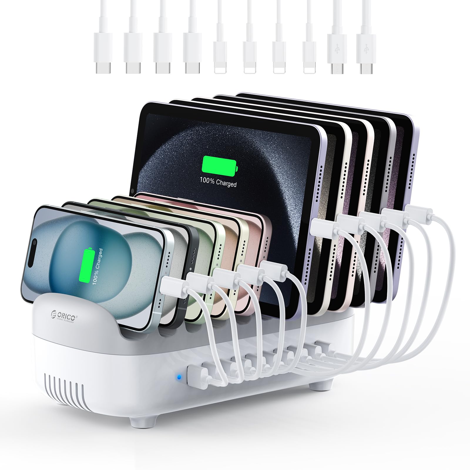 ORICO Multi USB Charging Station, 120W Charging Docking Organizer for Multiple Devices with Cables, 10-Ports Charging Station Compatible with iPad, iPhone, Tablet, Kindle and Cell Phones 10 USB Ports(With Cables), White