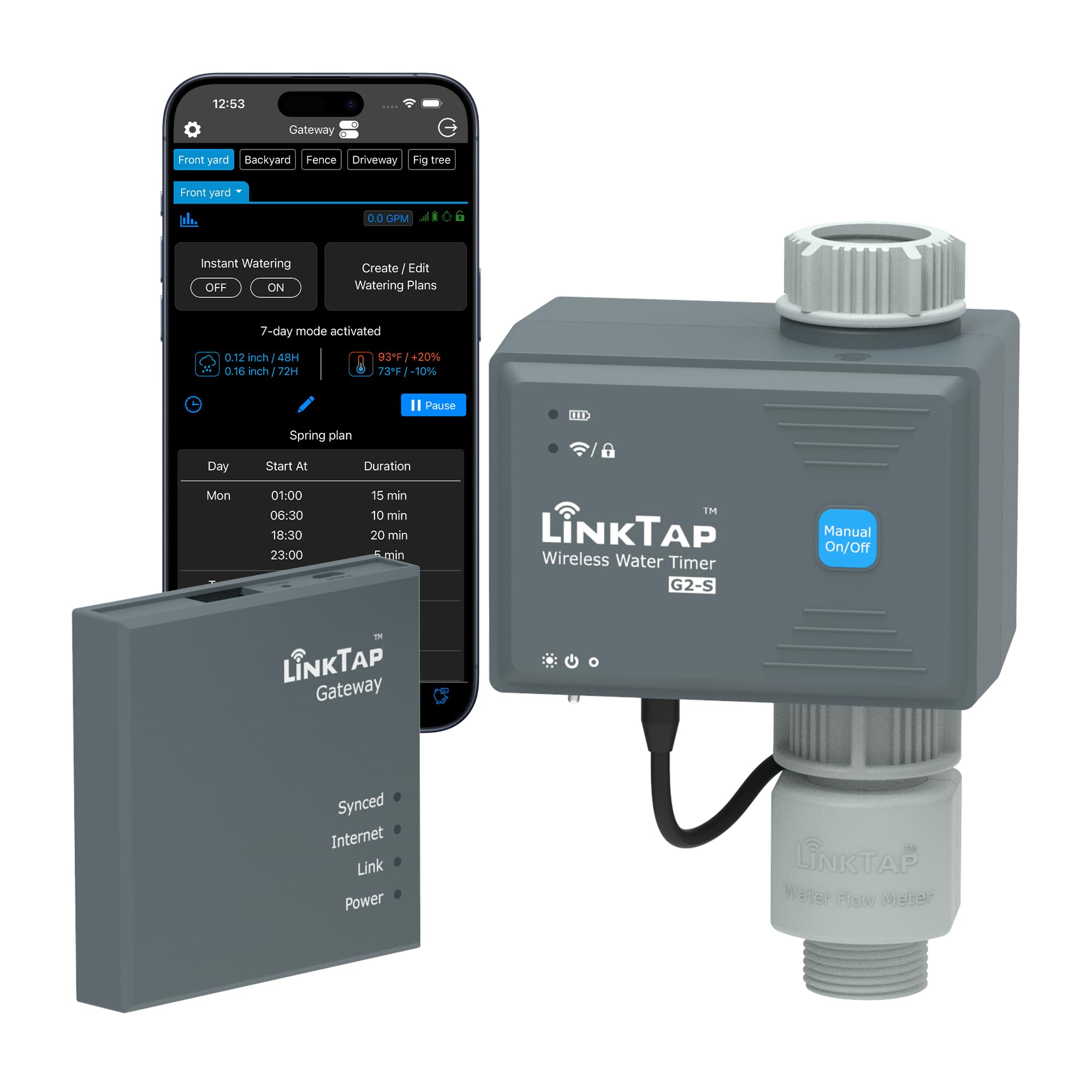 تایمر آب بی‌سیم LinkTap G2S و درگاه و دستگاه اندازه‌گیری جریان آب - تایمر خودکار خرطومی هوشمند باغ، آبیاری کنترل شده توسط ابر، دارای دامنه گسترده‌تر از وای‌فای، شناسایی خطاهای زمان واقعی و اطلاع‌رسانی، طول عمر باتری 2 سال