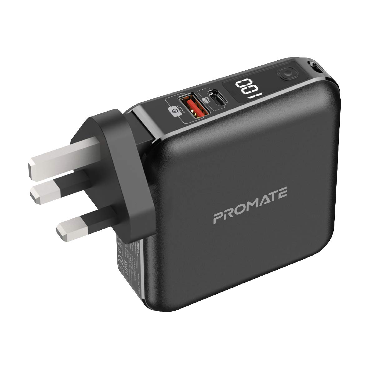شارژر قابل حمل Promate ، پاور بانک 2 در 1 15000mAh با پلاگ AC چند منطقه ای ، پورت USB-C PD 20W (ورودی / خروجی) ، پورت QC 3.0 و کابل USB-C / Lightning برای آیفون 12، آیپد پرو، گلکسی S21، PowerPack-PD20 سیاه