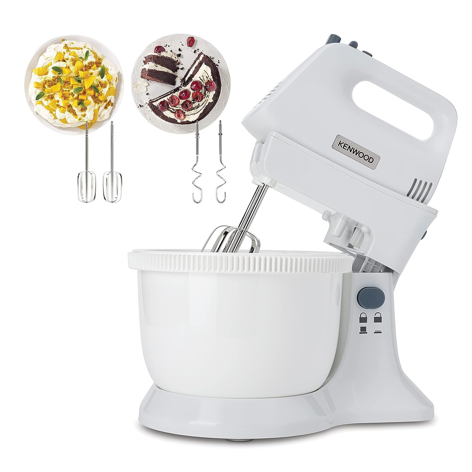 مخلوط کن دستی KENWOOD (ویسک برقی) 450 وات با کاسه چرخان 3.4 لیتری، 5 سرعت + دکمه توربو، دو نوع زن و کفگیر از جنس استیل ضد زنگ برای مخلوط کردن، تهیه کردن کرم، و زدن، مخرد کنی  HMP32.A0WH سفید