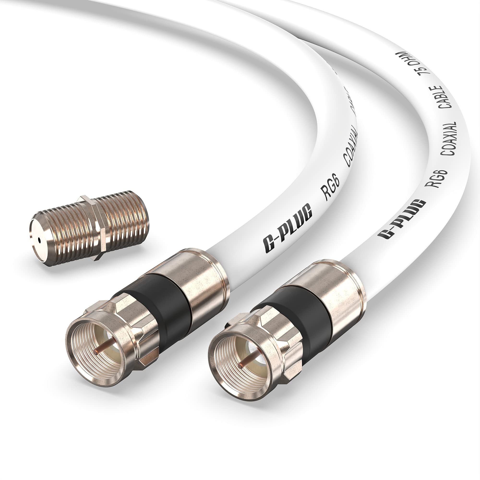 سیم کواکسیال RG6 10 فوت G-PLUG - سریع اینترنت، اینترنت پهن باند و آنتن تلویزیون دیجیتال، کابل ماهواره تمدید شده - دارای رابط‌های دوگانه ابری و فشرده سفید با حلقه‌های اره‌ای دوگانه آبپایه
