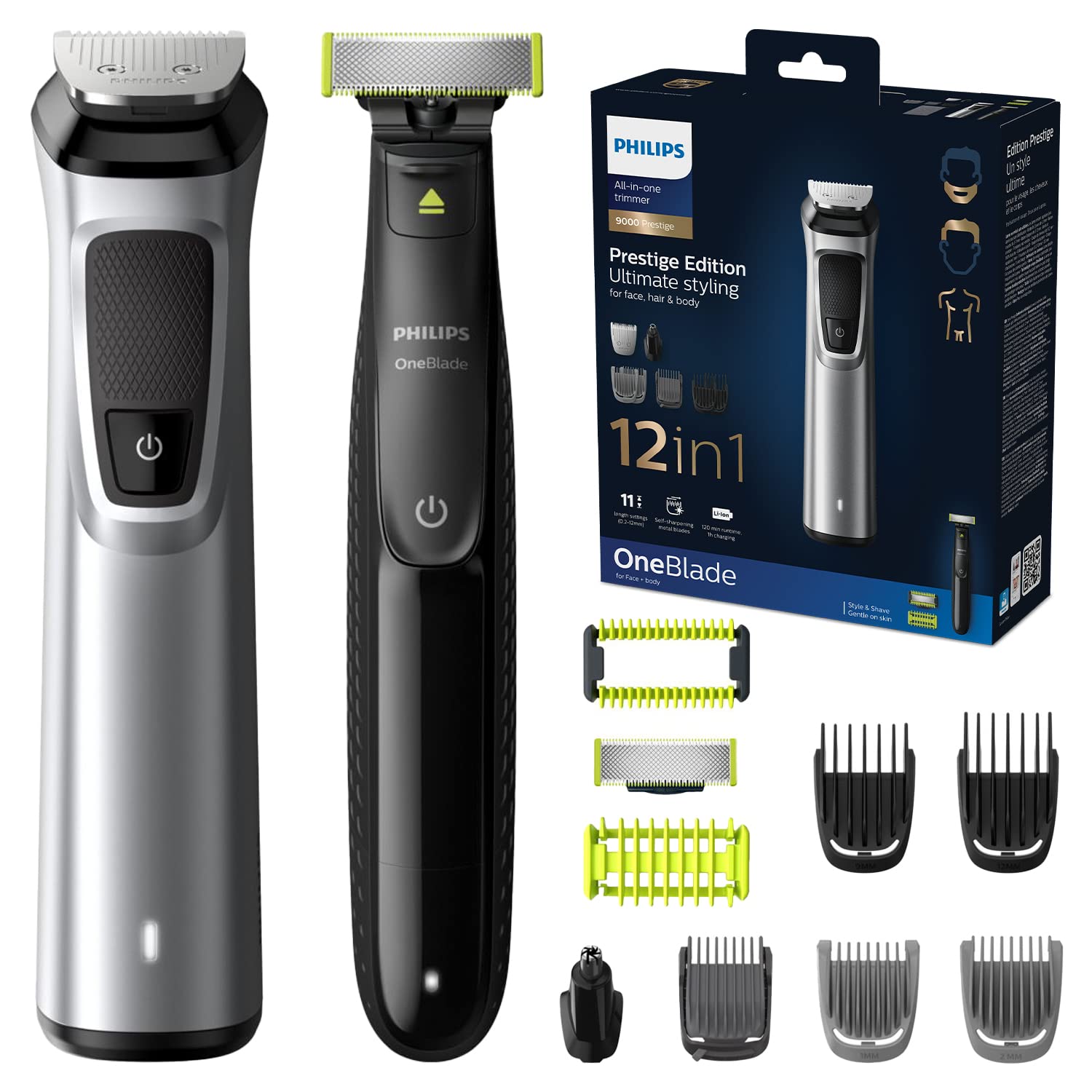 مدل Multigroom سری 9000 از شرکت PHILIPS، 12 در 1، برای صورت، مو و بدن، رنگ نقره‌ای، سیاه و سبز