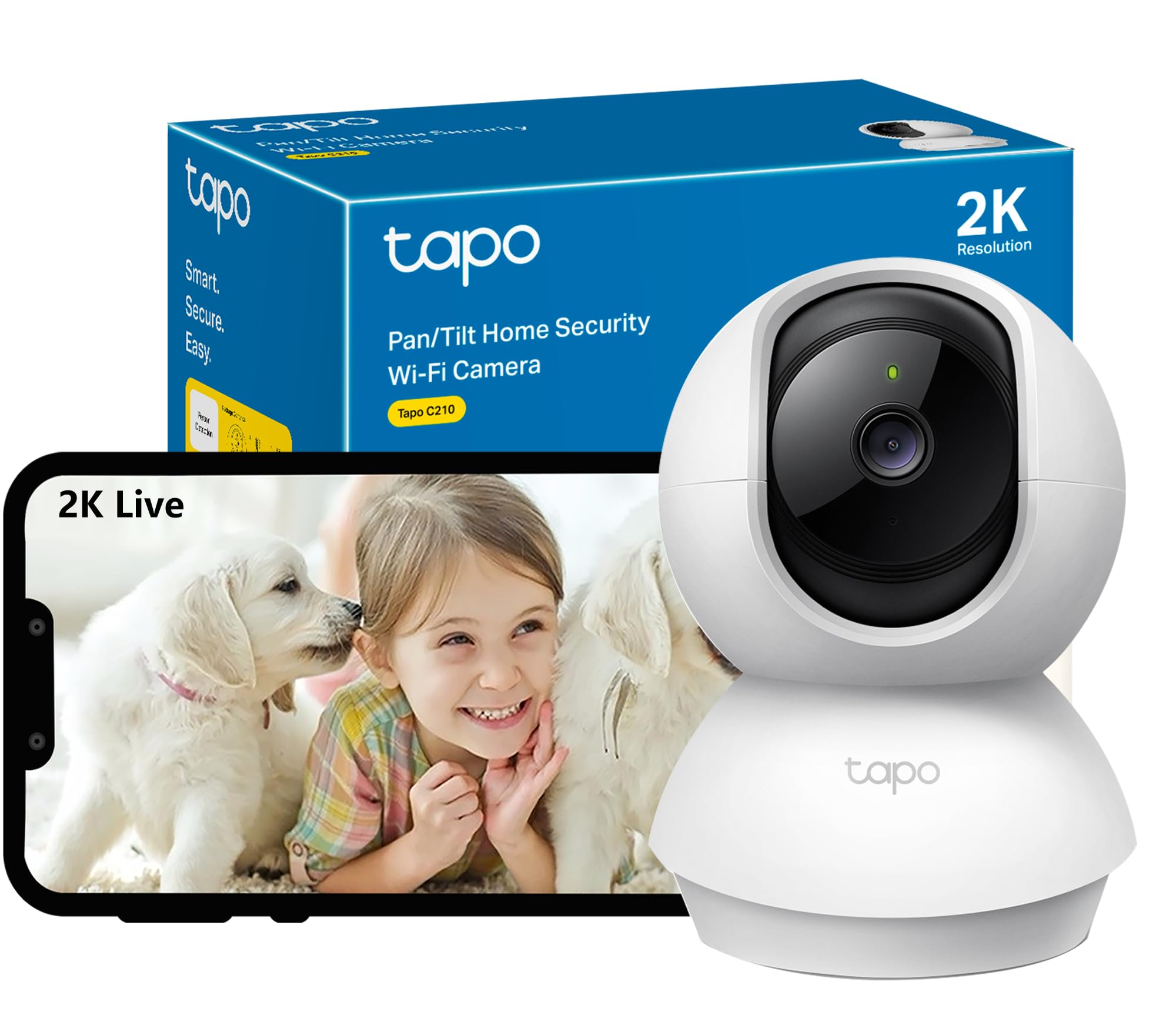 دوربین امنیتی هوشمند Tapo TP-Link Pan / Tilt ، دوربین نظارت داخلی ، نمایش چرخشی 360 درجه ، سازگار با Alexa و Google Home ، نیازی به هاب ندارد ، تعریف بالای 3MP (2304 × 1296) ، دید در شب ، ذخیره سازی SD (C210) 2K 3MP