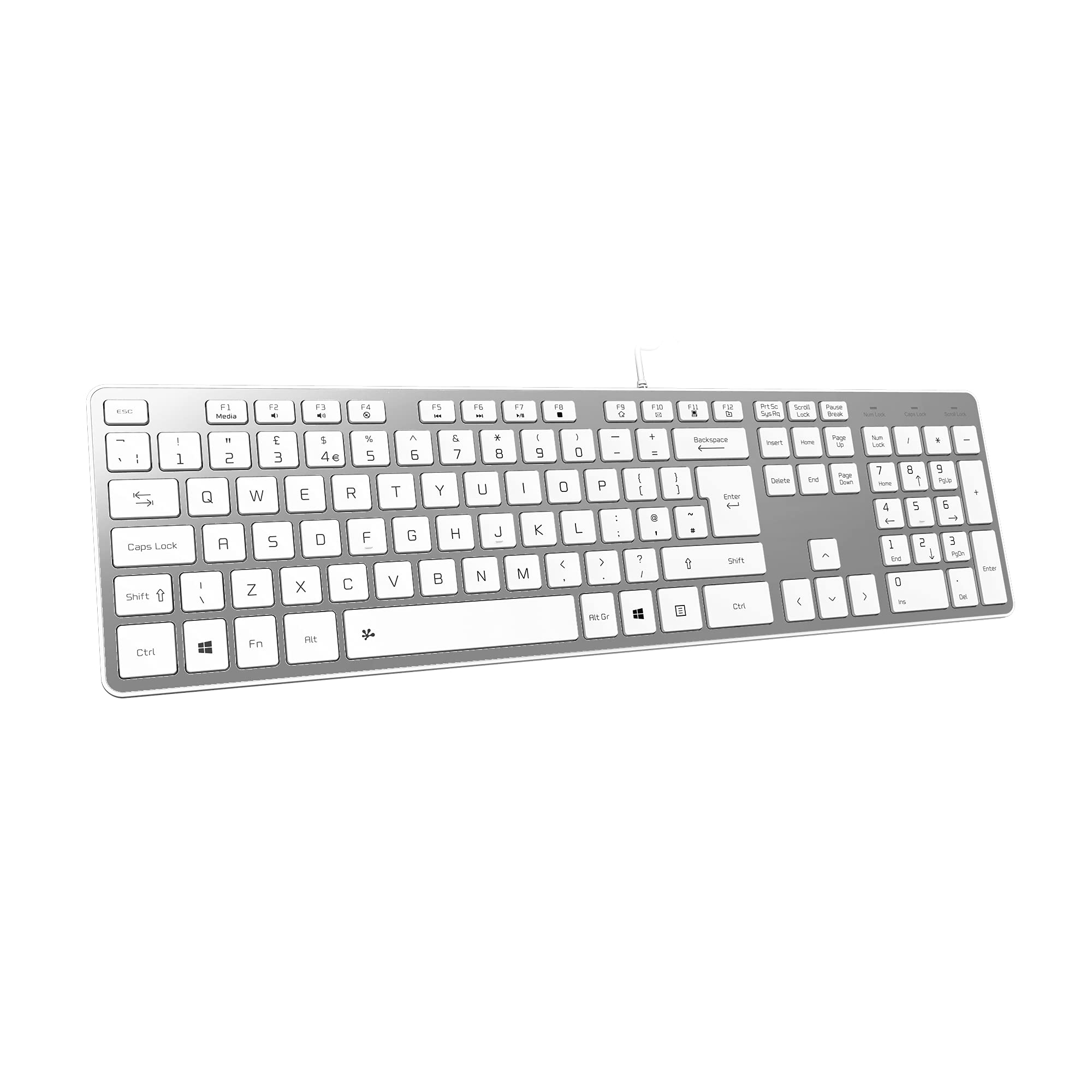 کیبورد سیمی USB نازک، با لمس نرم و کلید ساکت برای کامپیوتر، لپتاپ و کامپیوتر، طرح کامل QWERTY UK - رنگ نقره ای سفید