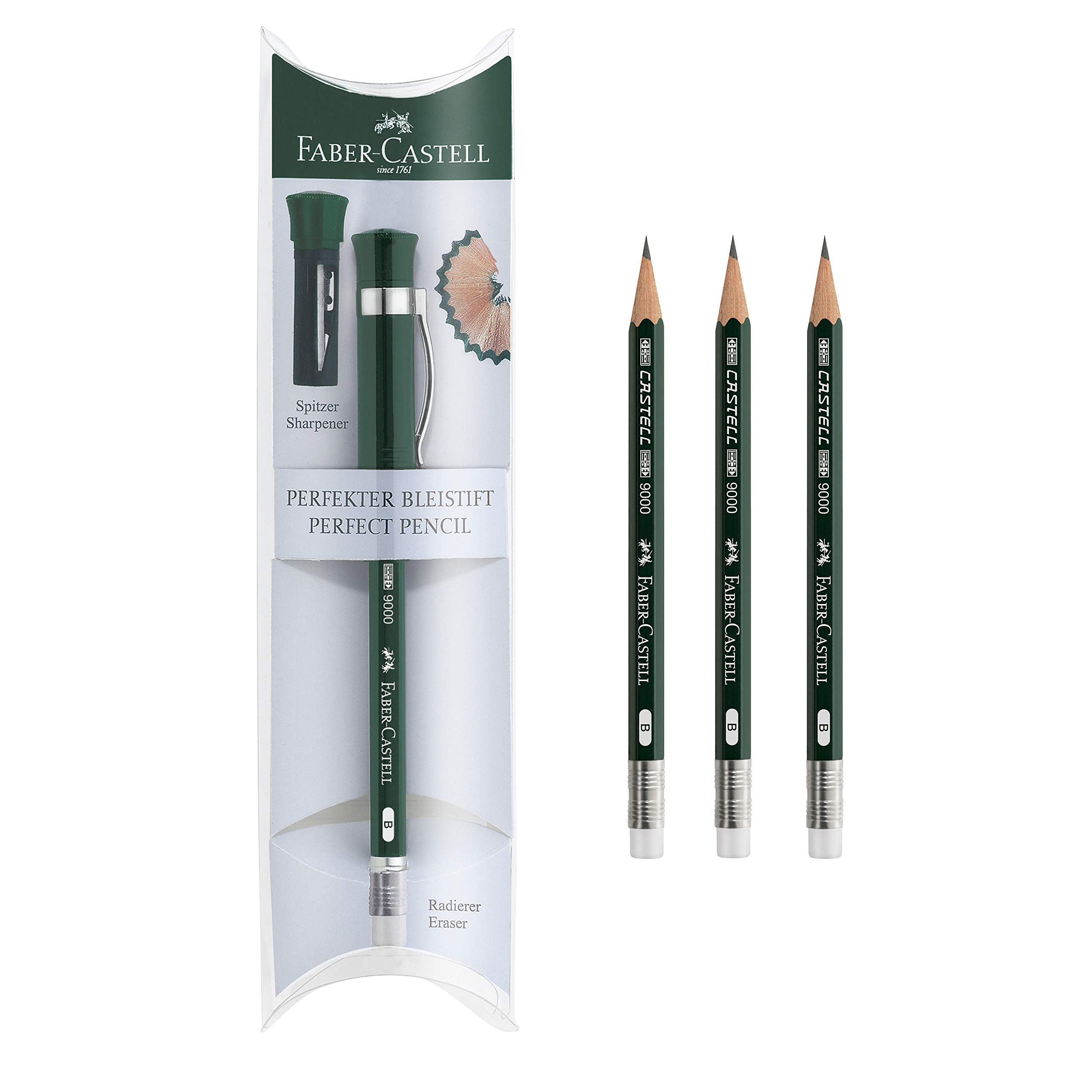 قلم مداد Faber-Castell Perfect Pencil Castell 9000 و 3 عدد مته قلم مداد - مداد #2، تیزکننده و تمدید‌دهنده قلم مداد (بسته ۱ عددی)