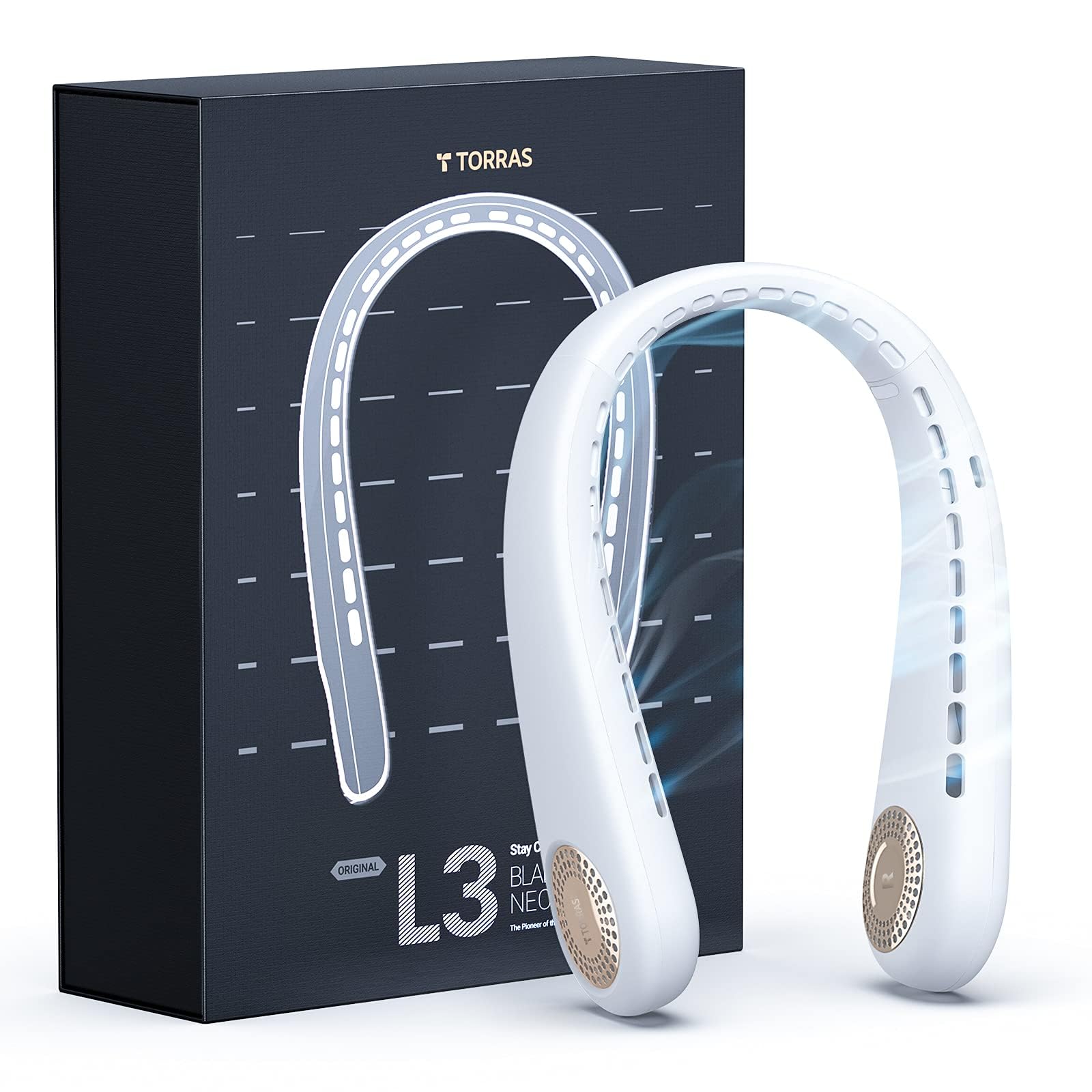 توراس L3 فن گردن قابل حمل 360 درجه، 8 ساعت استفاده و چرخش بالا و پایین دارد. فن گردنی بدون پره قابل انرژی و قابل شارژ با ظرفیت 4000 میلی آمپرساعت مناسب برای سفر/خانه/اداره است، با 3 سرعت مختلف خنک‌ساز.