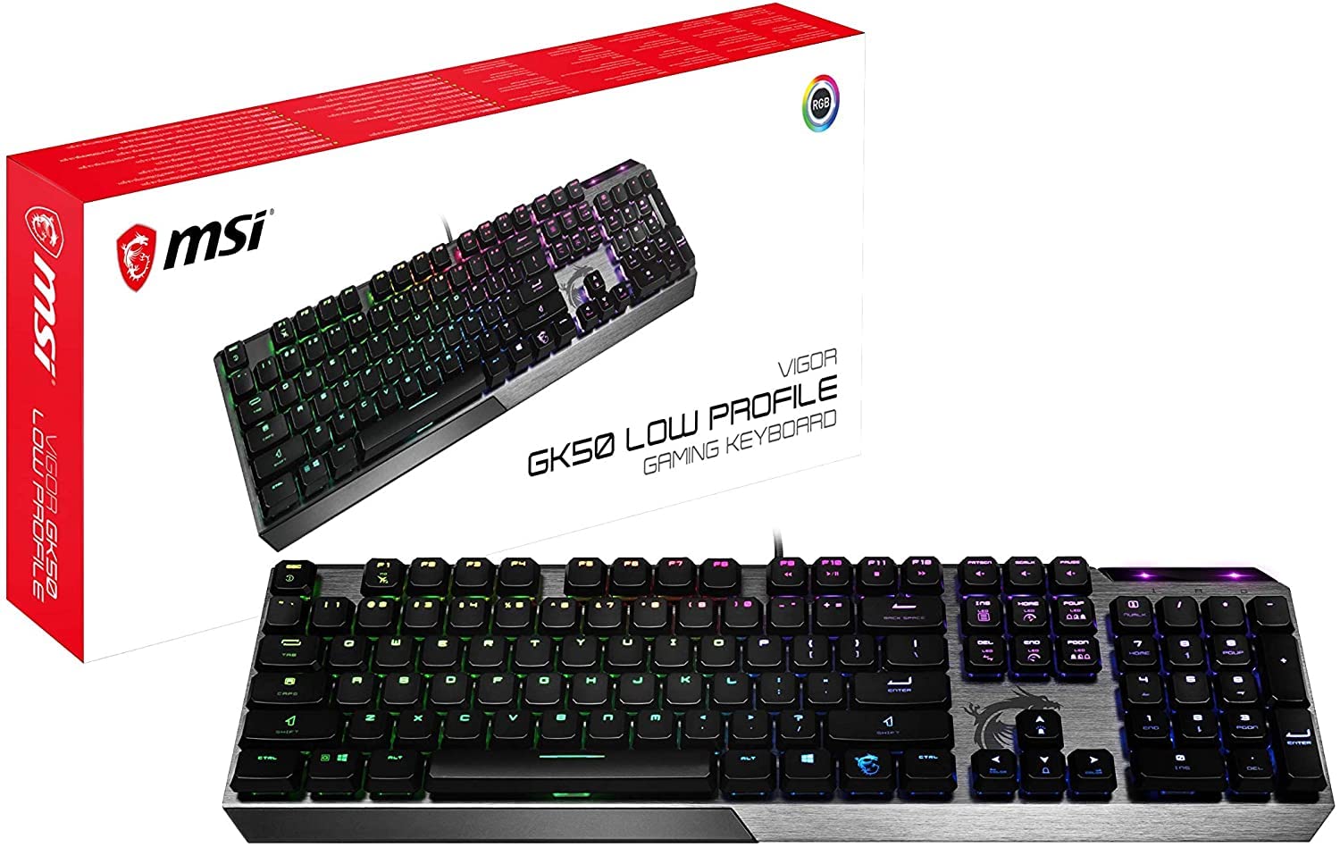 میزانة بازی MSI Vigor GK50 با سوئیچ‌های کیله سفید با پروفیل کم - طراحی آلومینیوم مسحور، طراحی ارگونومیک کی‌کپ، نورپردازی RGB Mystic Light - سیاه