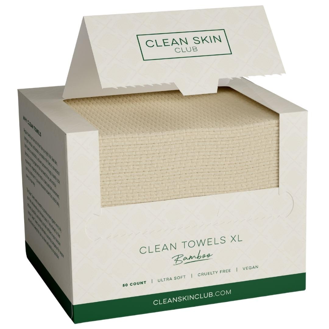 محصول Clean Skin Club Bamboo Clean Towels XL | اولین سیم بایودگرادیبل جهان | دستمال صورت قابل دور انداختن حاوی الماس صورت | 100% بامبو ارگانیک | بسیار نرم برای پوست حساس (50 عدد/ جعبه تکی) 10x12 اینچ (بسته 50 عددی)