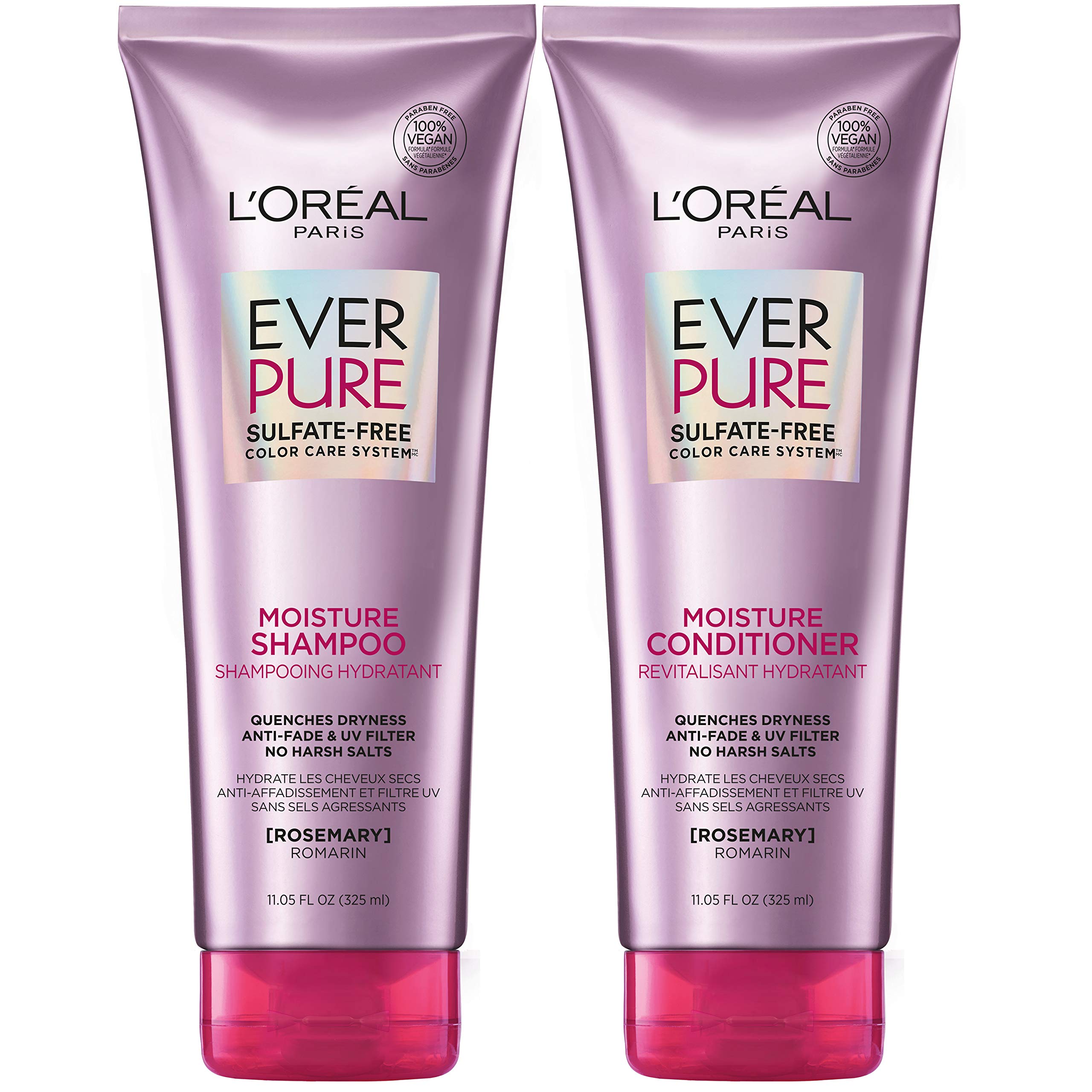 شامپو و کاندیشنر بدون سولفات L’Oréal Paris EverPure Moisture با عصاره گیاهی رزماری، برای موهای خشک و موهای رنگ‌شده، یک مجموعه ۱۱.۰۵ اونس (بسته 2 عدد)