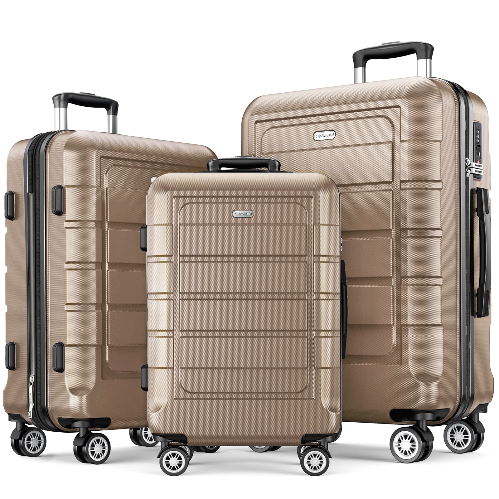 مجموعه 3 تکه چمپاین SHOWKOO برای چمدان سخت PC + ABS گسترده باز شونده سبک و مقاوم چرخ‌های دوگانه اسپینر 20"24"28" - مجموعه 3 تکه چمپاین