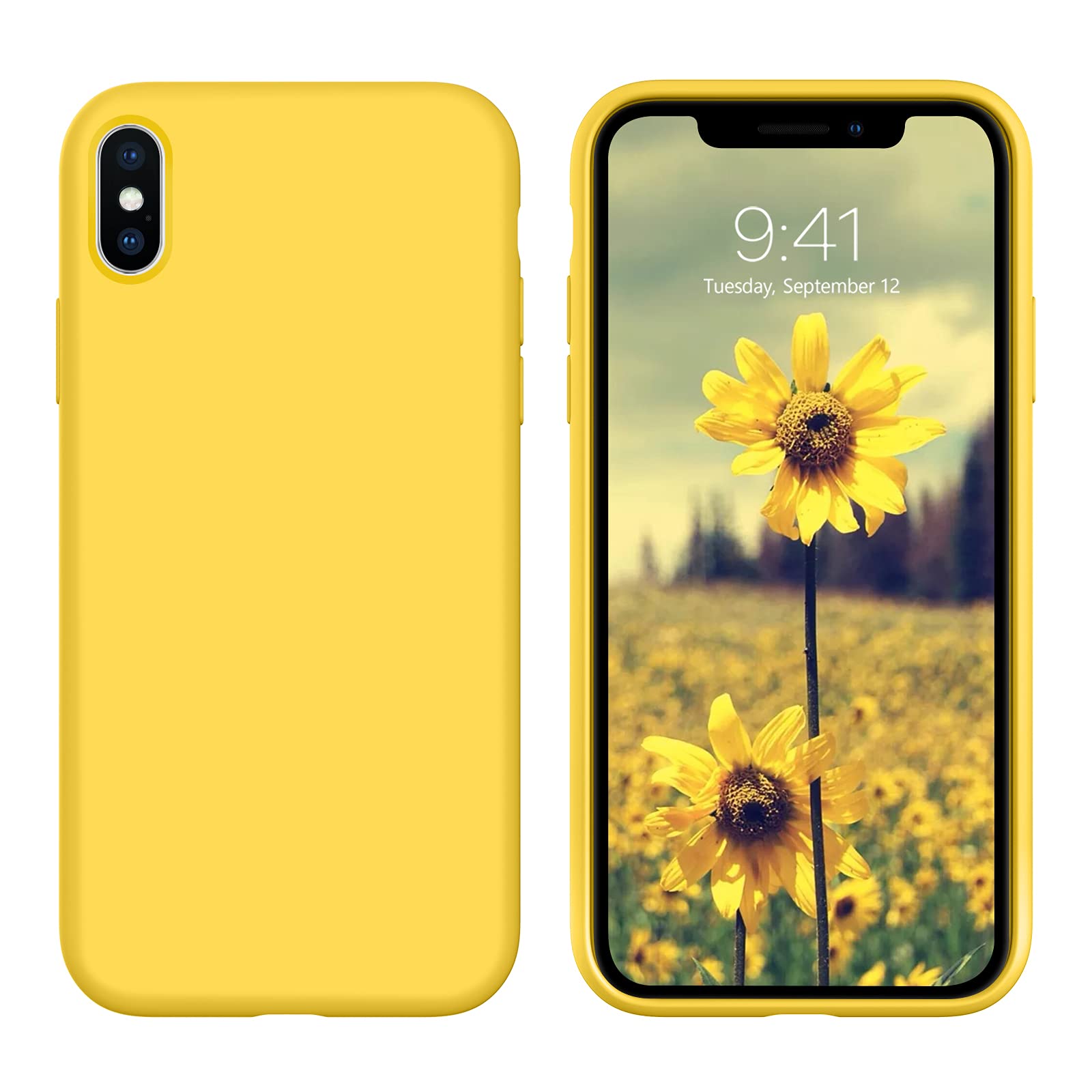 مورد محافظ iPhone Xs DUEDUE، محافظ iPhone X، روکش نرم ژل سیلیکون مایع با لاینینگ پارچه میکروفایبر، کاور نازک با ضربه گیری نرم، محافظ کامل برای iPhone X / iPhone Xs برای زنان و مردان، زرد