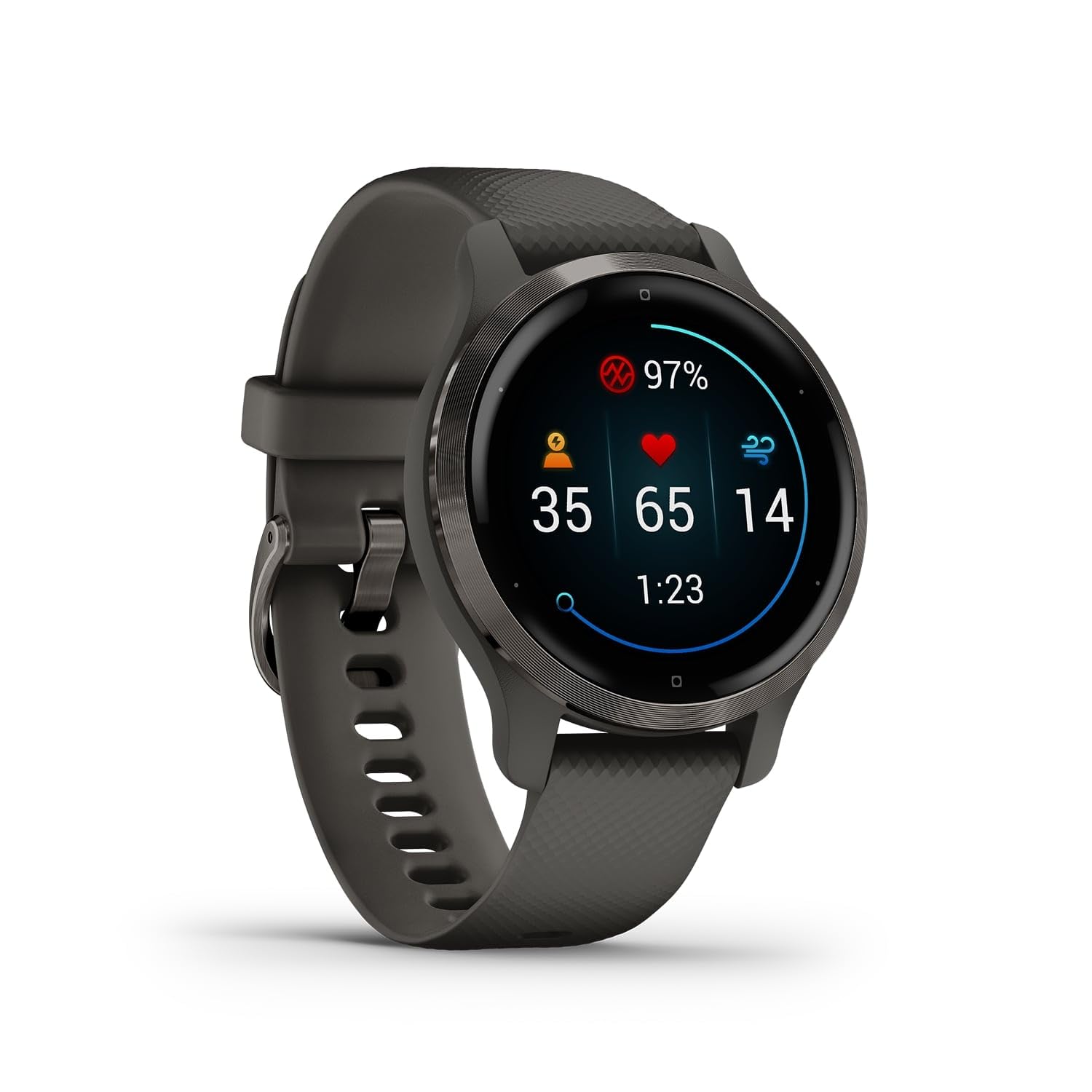 نمایشگر امولد دستبند هوشمند GARMIN VENU 2S | تا ۱۰ روز عمر باتری در حالت ساعت هوشمند | پیگیری پیشرفته سلامت و مانیتورینگ استرس در دستبند هوشمند | برنامه‌های ورزشی داخلی در دستگاه وجود دارد