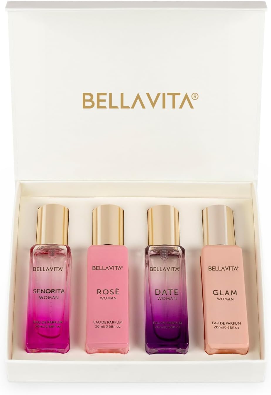 مجموعه هدیه عطر لوکس برای زنان به نام BellaVita | شامل عطرهای DATE، Senorita، GLAM، ROSE | عطرهای ماندگار گلی، میوه‌ای و سرکه‌ای | مجموعه هدیه برای زنان | مجموعه ویژه زنان (4x20 میلی لیتر) جدید