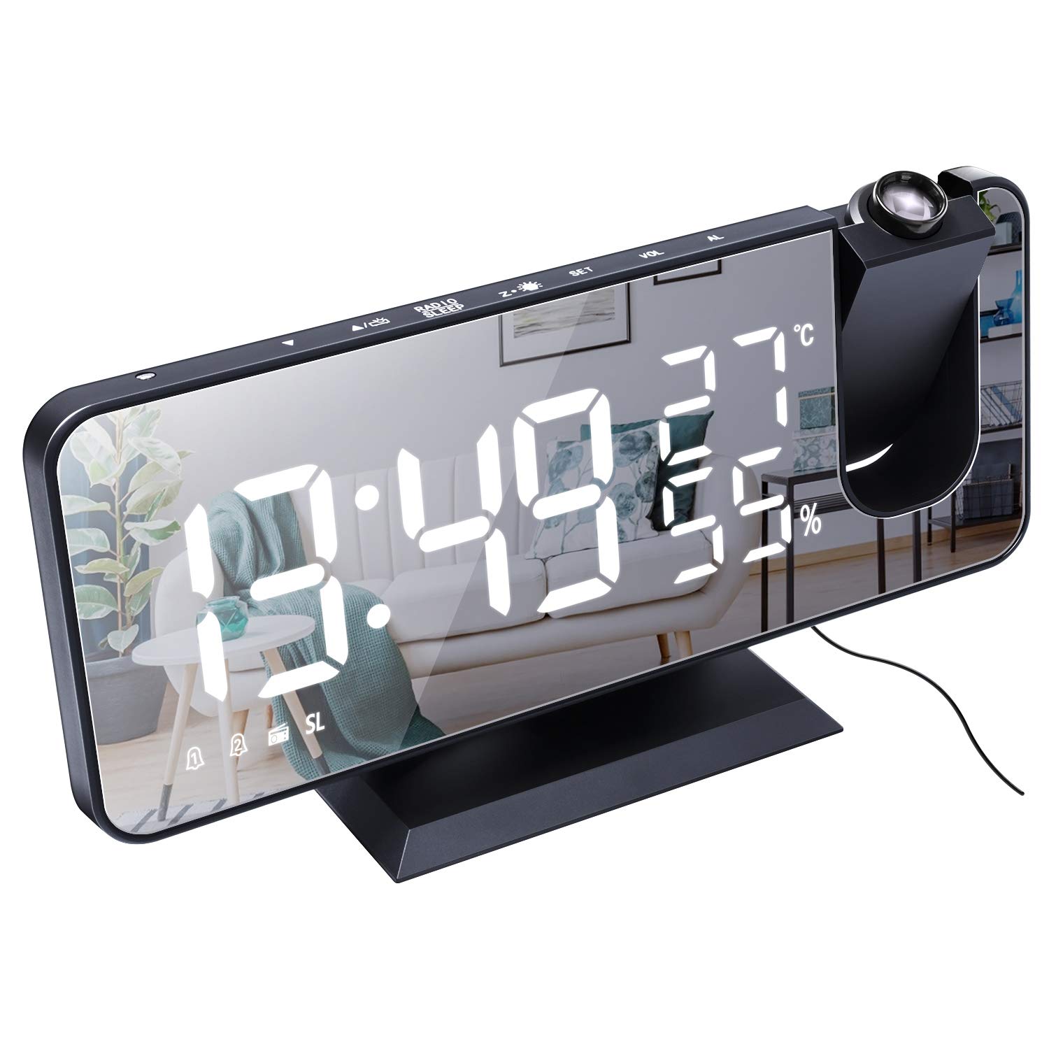 ساعت هشدار پروژکشن سه بعدی برای اتاق خواب با نمایشگر آینه LED بزرگ ۷.۴ اینچ و ۴ سطح روشنایی ساعت هشدار رادیویی با شارژ USB ۱۸۰ درجه چرخشی صداهای مختلف سیاه و سفید H-AC52Black-White