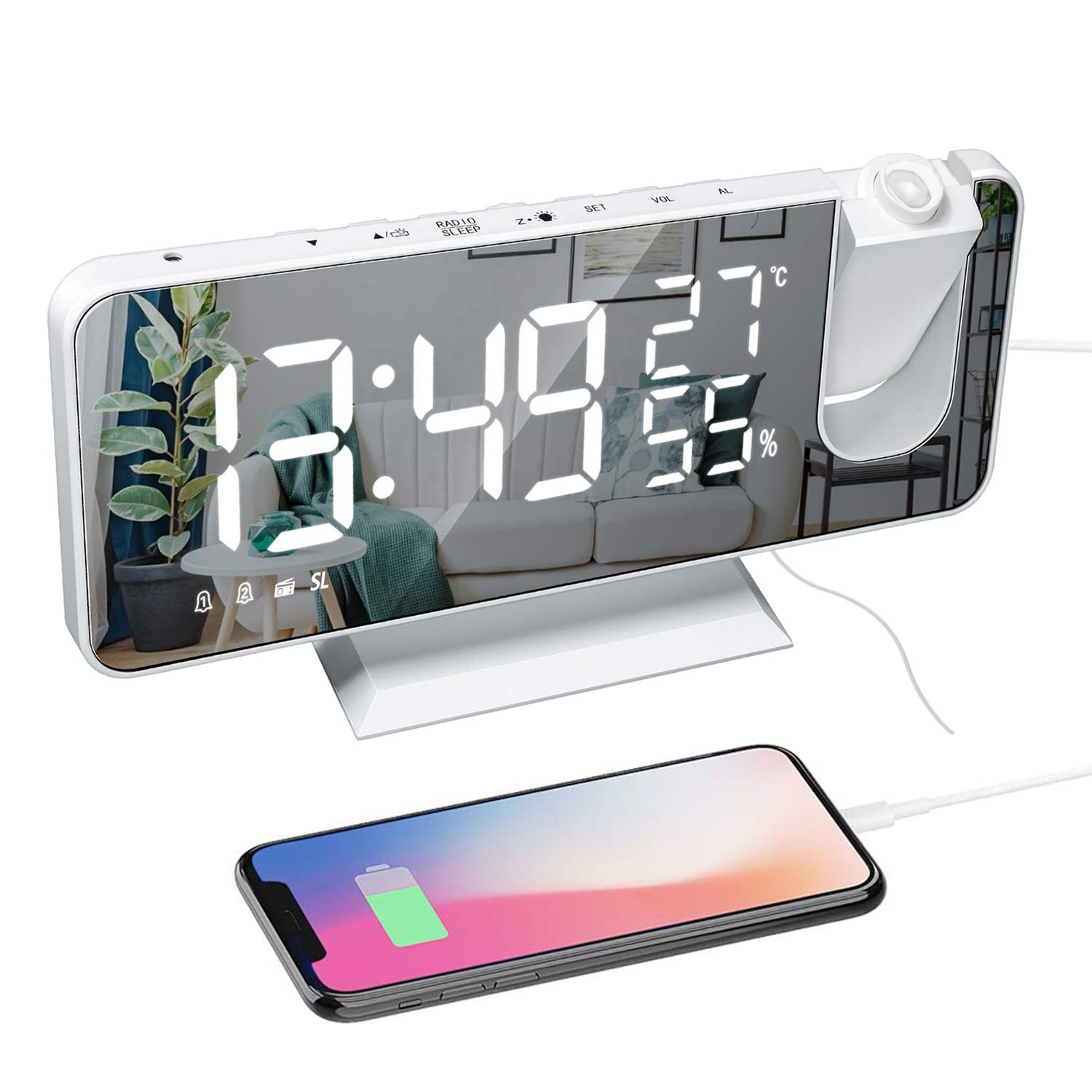 ساعت هشدار پروژکشن ThreeH با شارژر USB 180° قابل چرخش با رادیو fm صفحه نمایش آینه 7.4 اینچی 2 صدا 4 سطح کم نور سفید H-AC52White-White