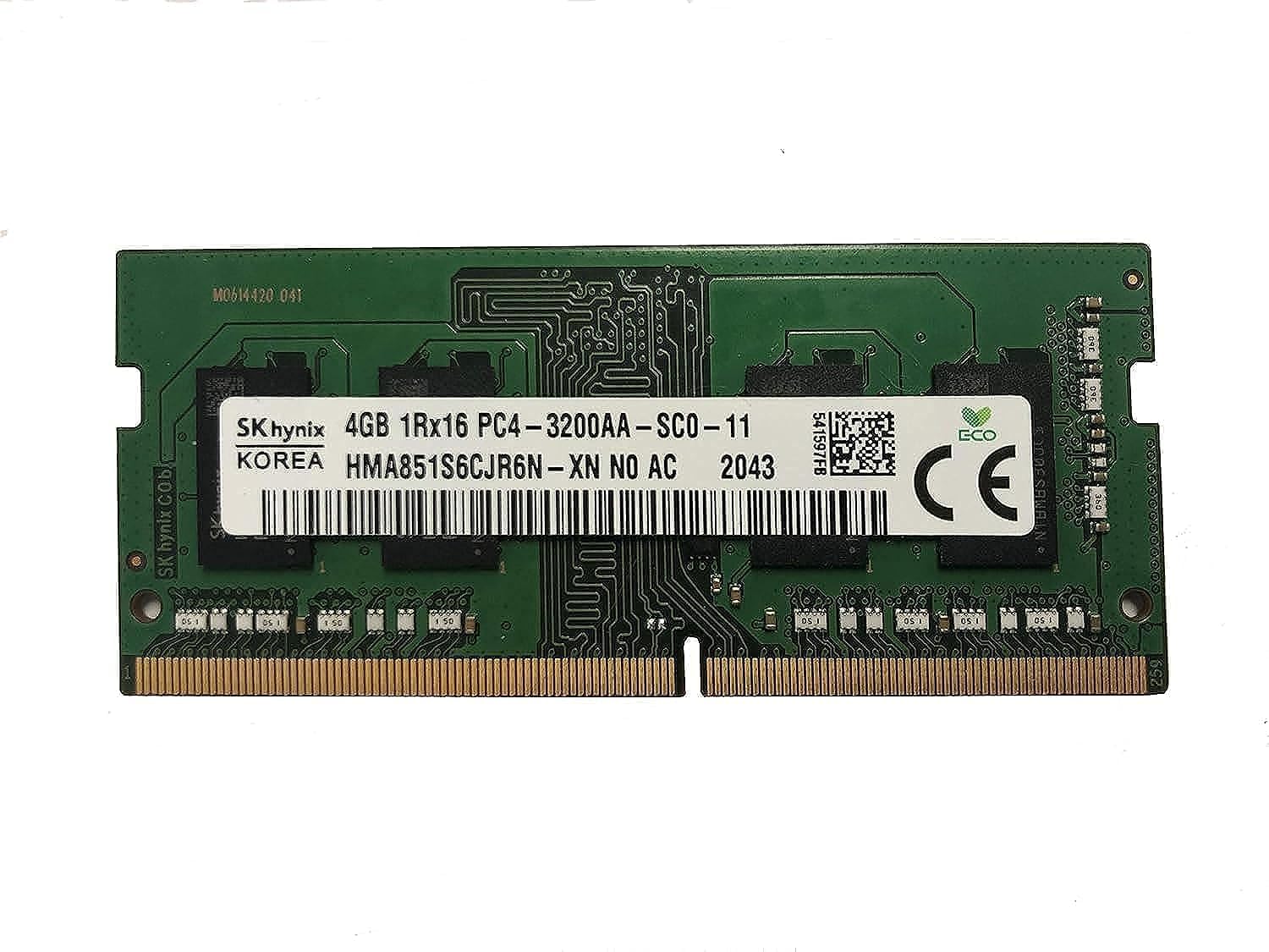 ماژول حافظه رم لپ تاپ 4 گیگابایتی SK Hynix DDR4 با فرکانس 3200 مگاهرتز، ولتاژ 1.2 ولت، سری 1R x 16، نوع SODIMM، با نام HMA851S6CJR6N-XN، بسته‌بندی اورجینال سازنده