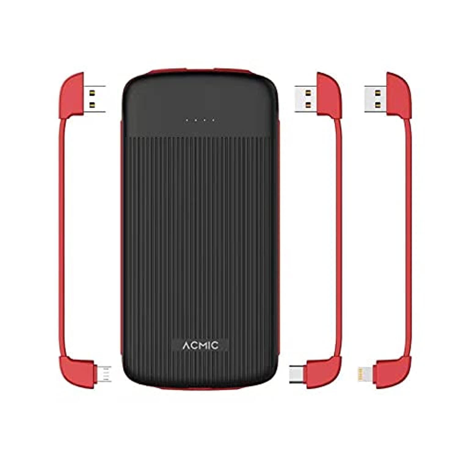 پاوربانک قابل حمل ACMIC 10000mAh با کابل‌های قابل جدا شدن و شارژ سریع، اندازه جیبی نازک QI، قابل حمل با ظرفیت 10000mAh برای آیفون، سامسونگ و غیره - مشکی