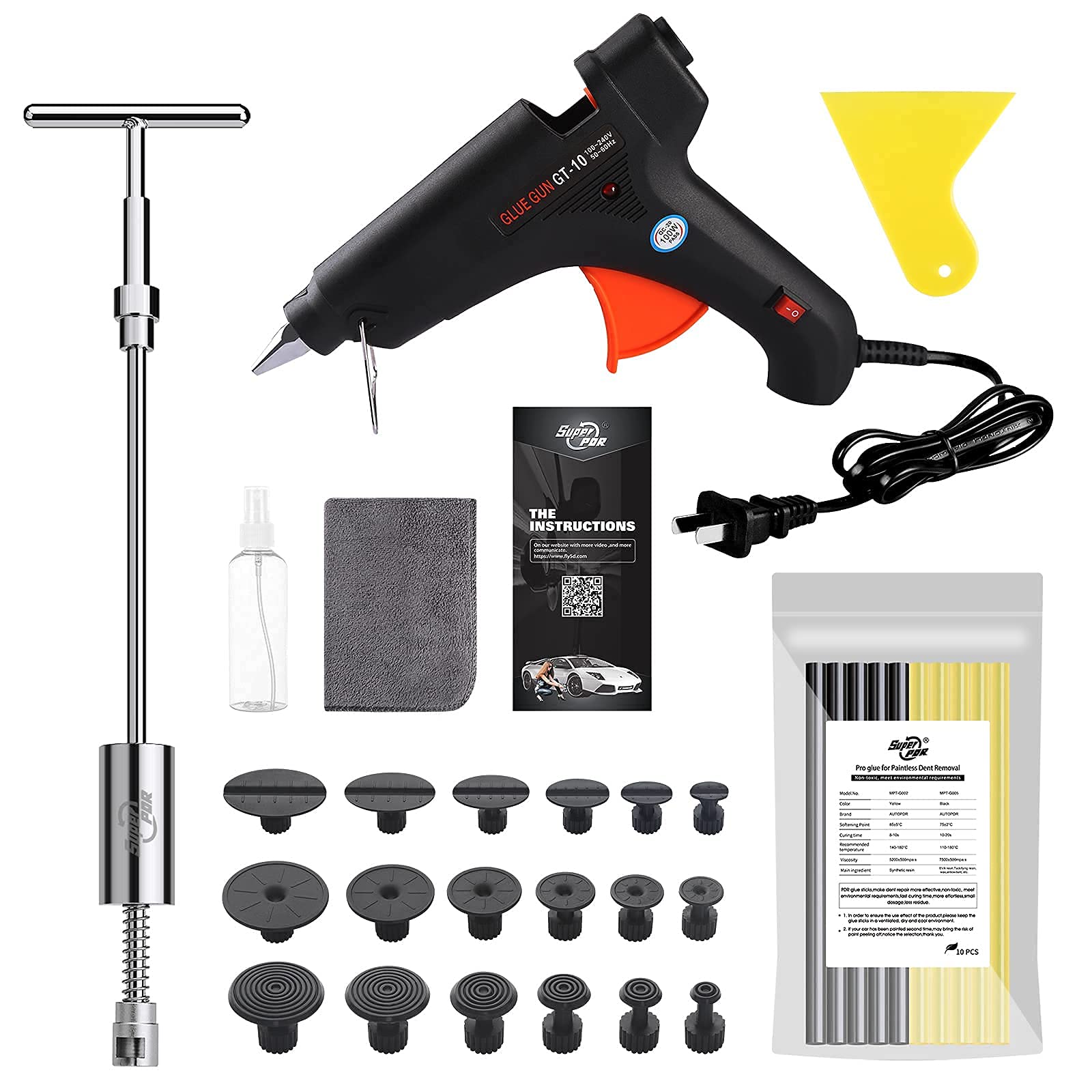 کیت ابزار تعمیراتی خودرویی Super PDR Auto Car Paintless Dent PDR Hail Repair شامل تولز و میله گوشه ای و تب های لغزنده (شامل چسب گان) می باشد.