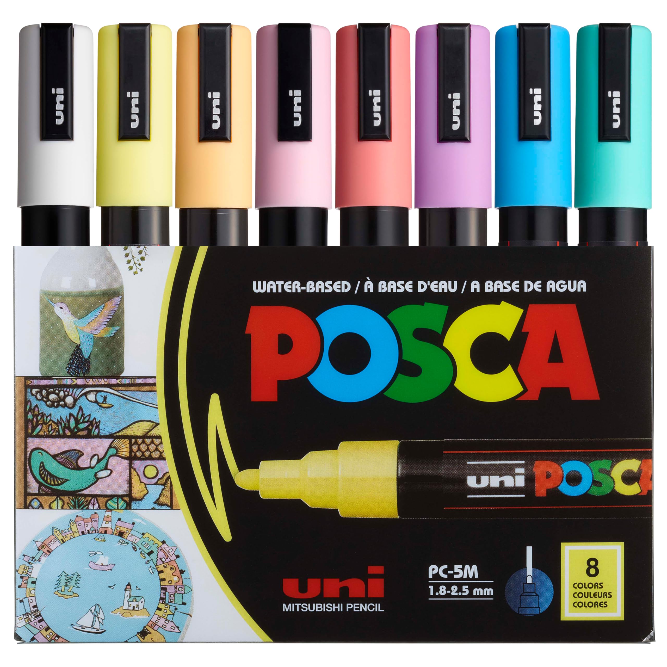 مجموعه نشانگر رنگی POSCA 8 رنگ، مدل PC-5M متوسط، رنگ‌های نرم