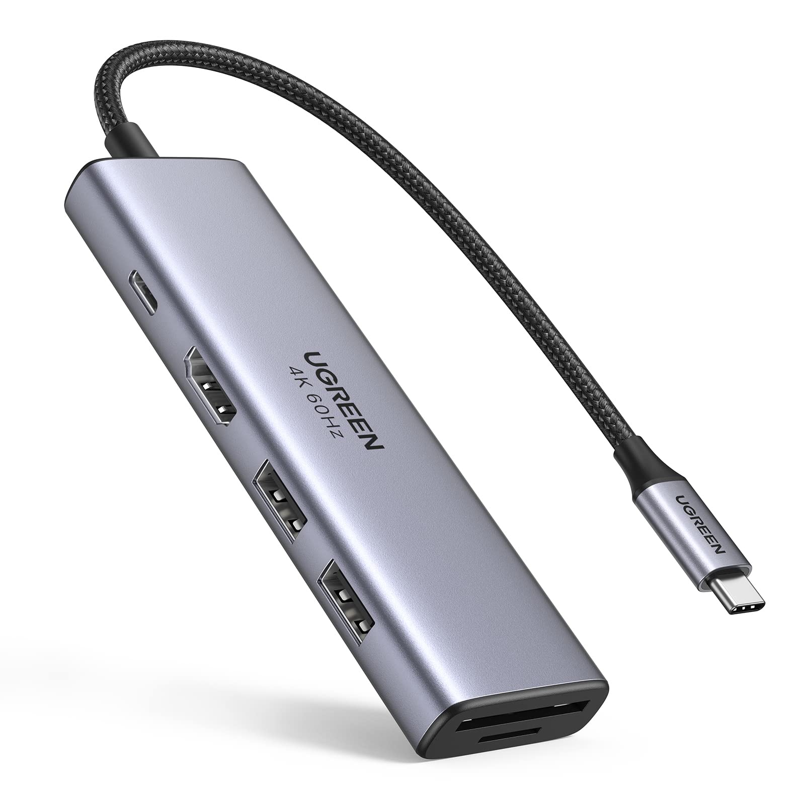 هاب USB C شرکت UGREEN 6-IN-1 نوع C به HDMI 4K 60Hz با آداپتور شارژ 100 وات PD 2 پورت USB 3.0 خواننده کارت SD/TF، داک USB C قابل استفاده برای MacBook Pro/Air M1، iPad Pro 2023، iPad Air 4، XPS، Dell، HP با پشتیبانی از 4K@60Hz