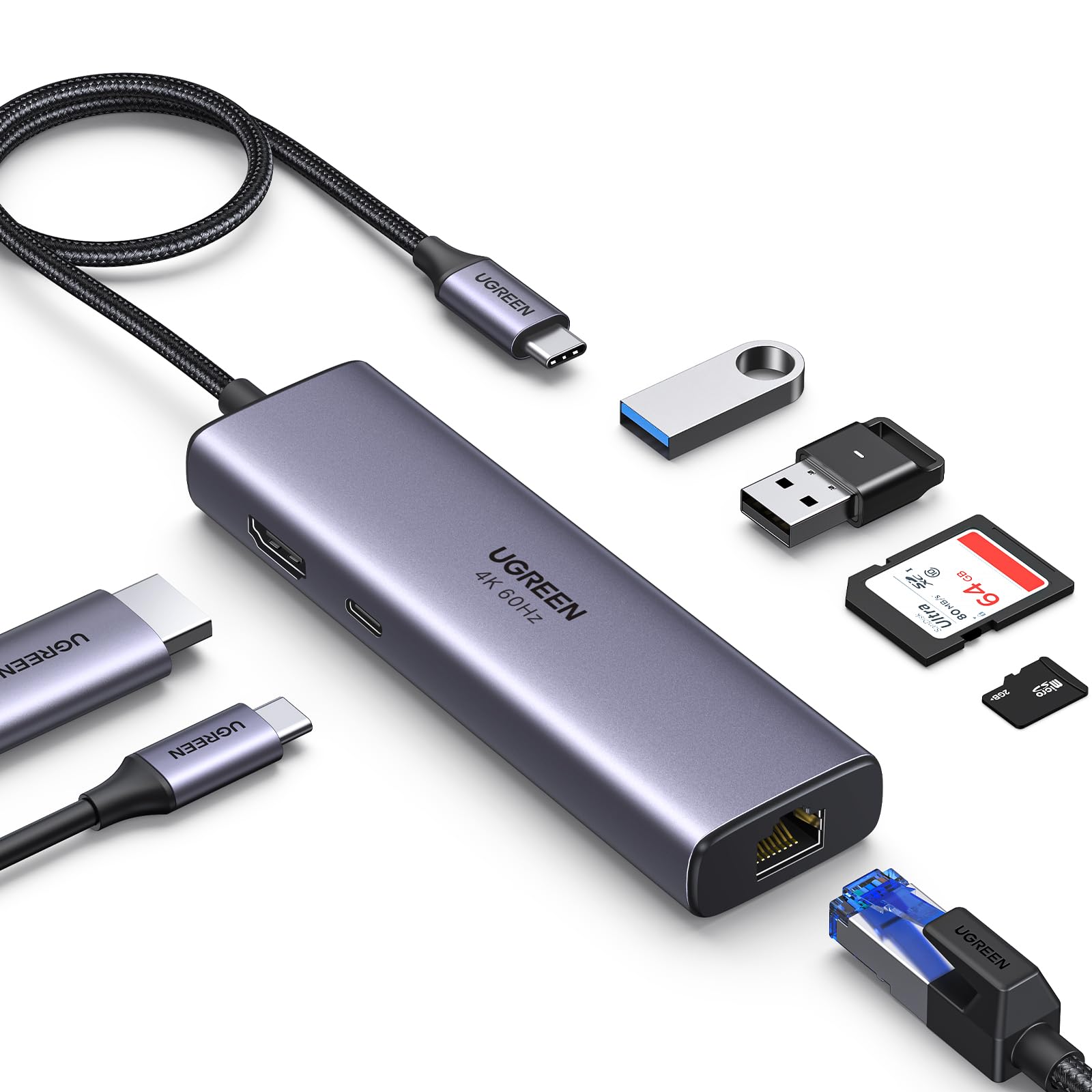 UGREEN Revodok USB C Hub 7 در 1 با [Ethernet و خواننده کارت], HDMI 4K@60Hz، پورت‌های USB 3.0، PD 100W [کابل بافته‌شده]، داک USB-C برای iPhone 17، ویندوز، مک M1، M2، M3، مک‌بوک، آیپد