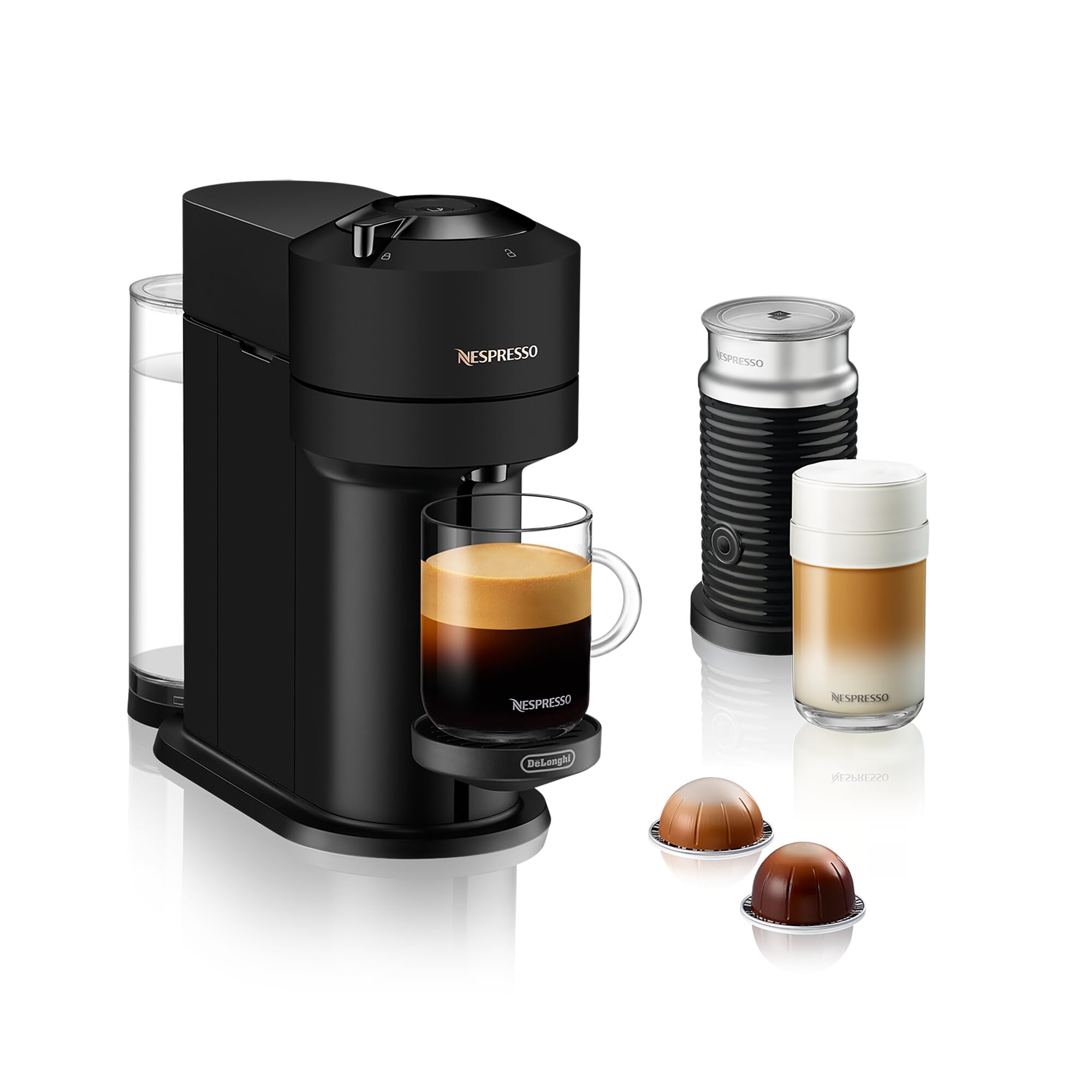 ماشین قهوه‌ساز کپسولی خودکار Nespresso Vertuo Next با افزودنی شکاک برای اسپرسو، کاپوچینو و لاته توسط Magimix، مشکی مات [امازون اختصاصی] - نسخه بین‌المللی - بدون گارانتی Nespresso مشکی Vertuo Next + شکاک
