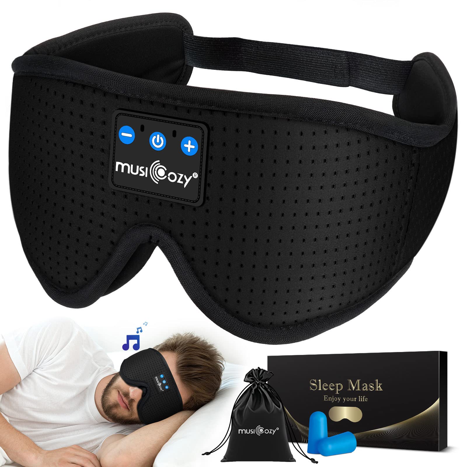 MUSICOZY 3D Sleep Headphones Bluetooth 5.4 Breathable Sleep Eye Mask | Cooling Fabric Lining with Blackout Design for Side Sleeper, HD Stereo Sound, 14 Hours Playtime for Sleep, Travel, Relaxation