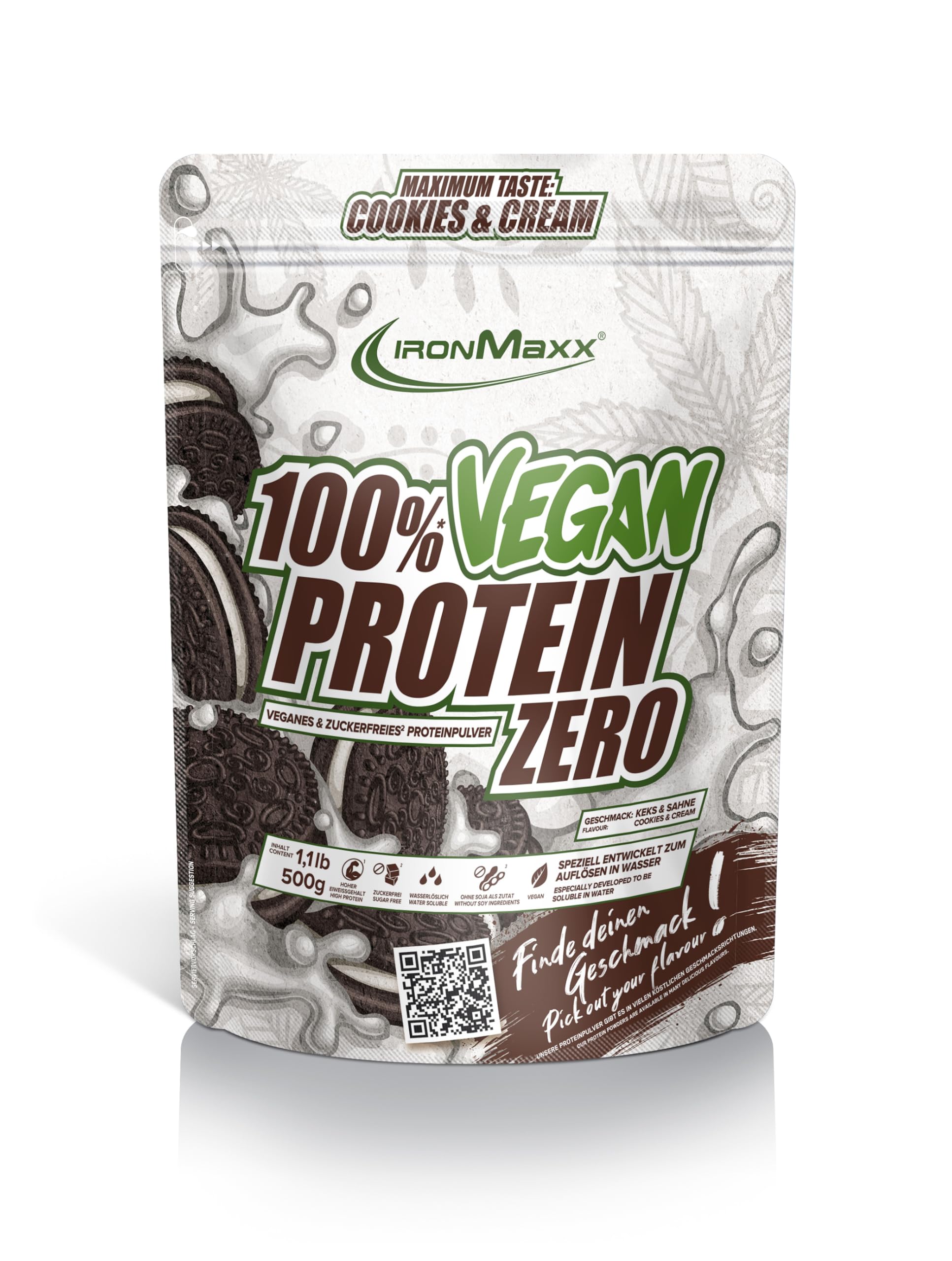پودر پروتئین گیاهی 100٪ IronMaxx Zero، بدون شکر و پر از پروتئین، ساخته شده از 4 جزء، پودر پروتئین گیاهی بدون آسپارتام (500 گرم، کوکیز و کریم) کوکیز و کریم 500 گرم