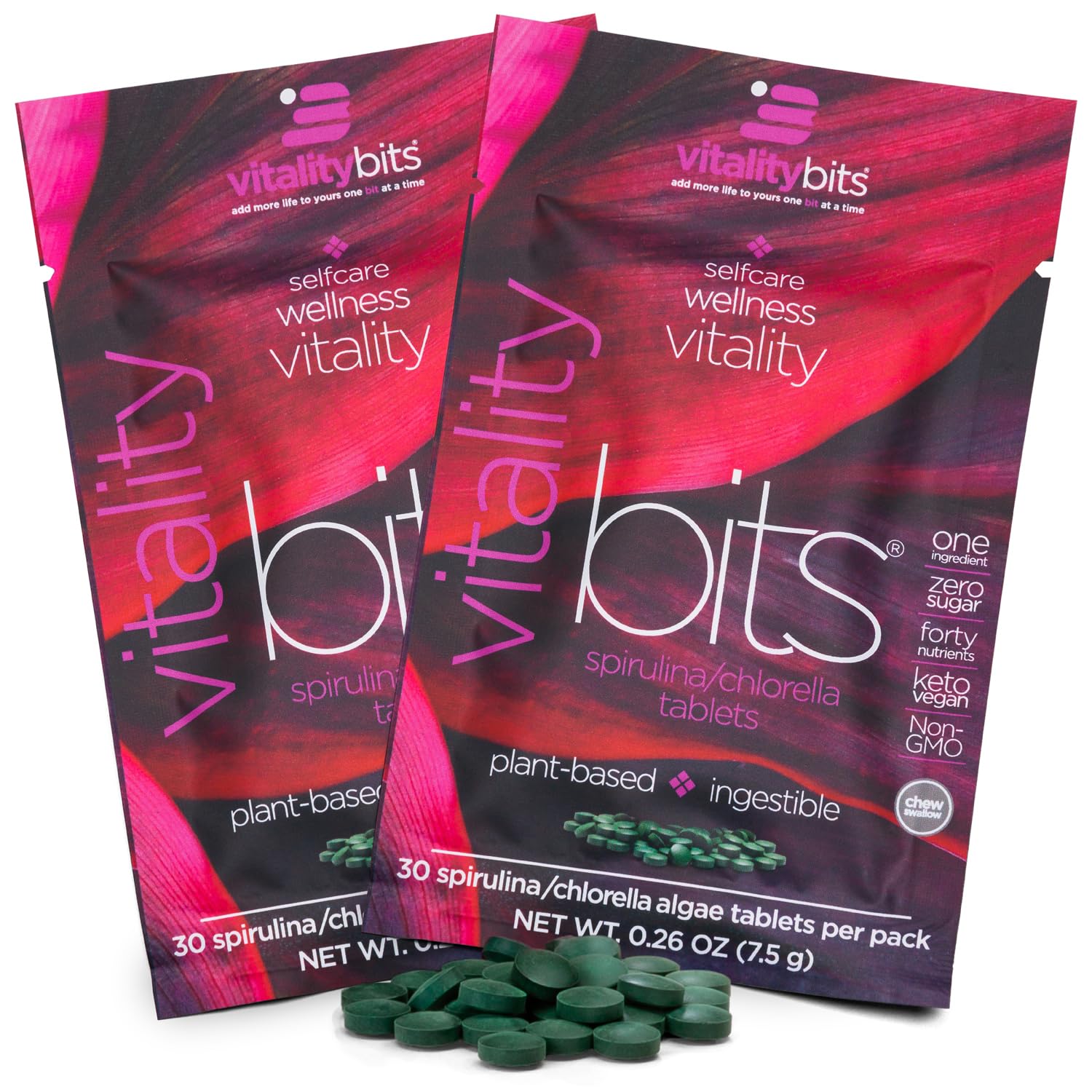 تبلت‌های ENERGYBITS VITALITYbits Chlorella و Spirulina 50/50 محتوای نقیق و پرانرژی - مصرف تک - غیر اصلاح ژنتیک، غیر تابشی - جلبک آبی سبز - کتون، گیاه‌خوار، غذایی فوق العاده