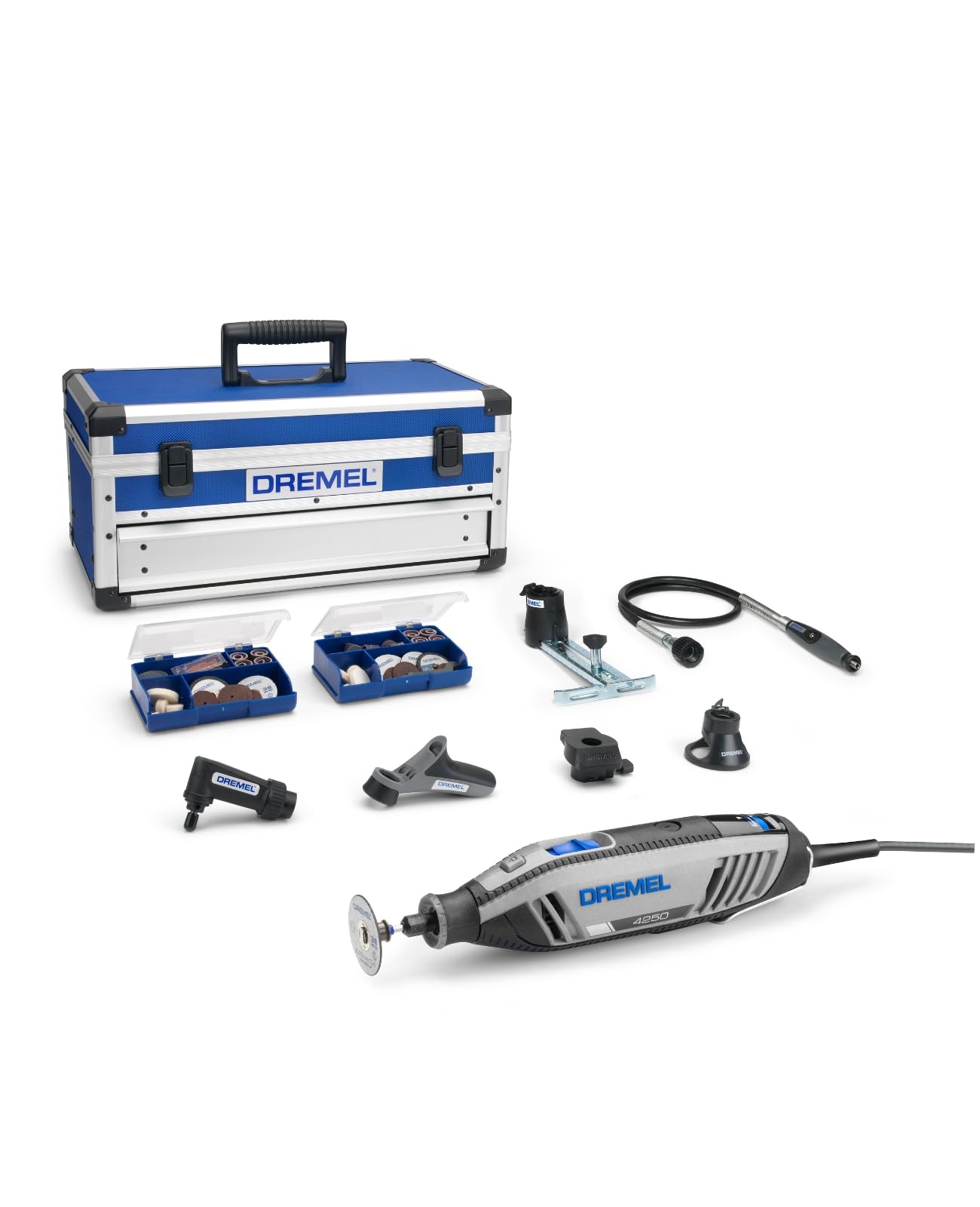 ابزار چرخ‌دنده‌ای DREMEL 4250 6-128 UK با قدرت ۱۷۵ وات، کیت چندکاره با ۶ پیوسته و ۱۲۸ لوازم جانبی، موتور ۱۷۵ وات با بازخورد الکترونیک، سرعت متغیر ۵٬۰۰۰-۳۵٬۰۰۰ دور در دقیقه، نسخه پلاتینوم Dremel 4250