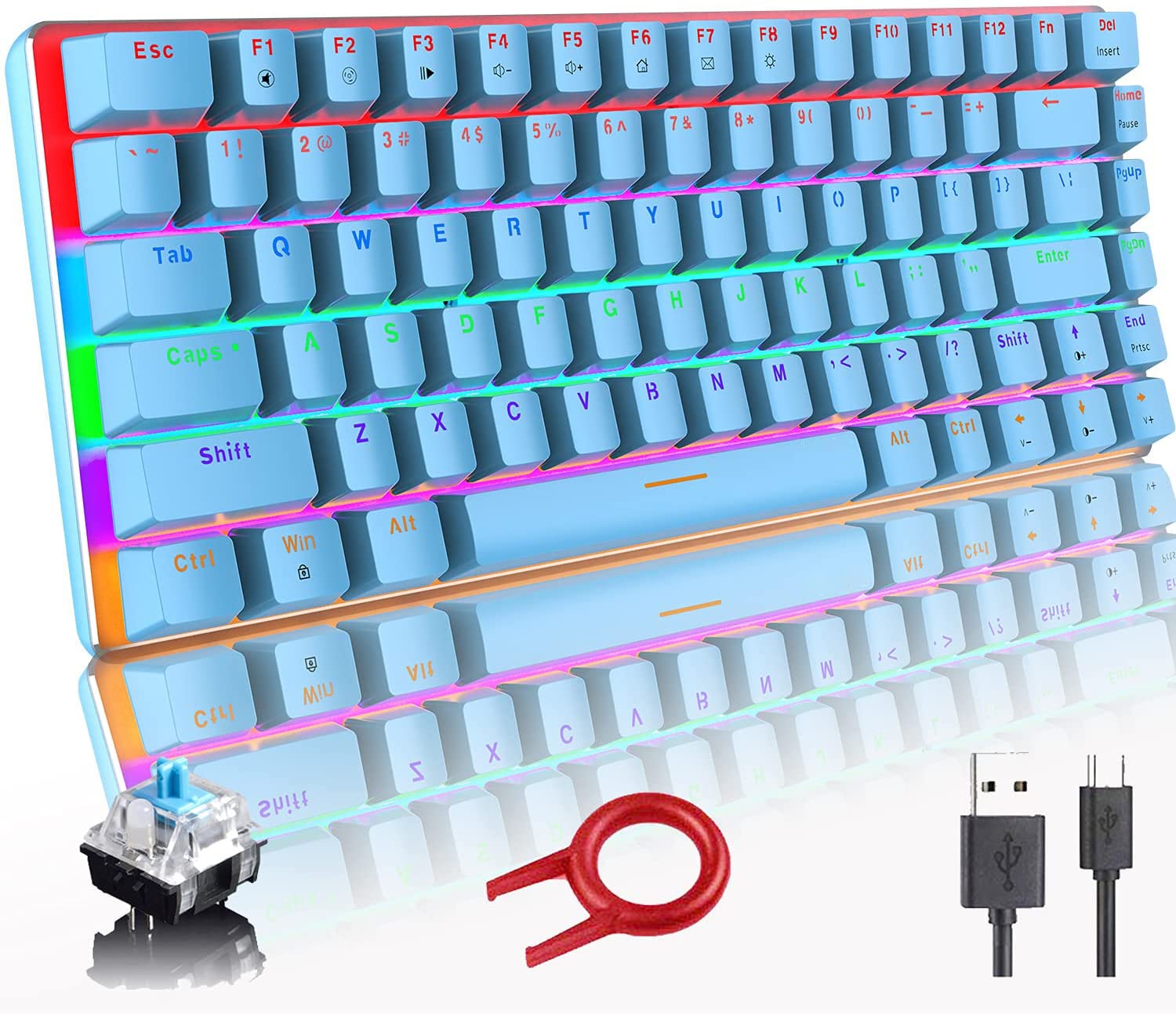 کیبورد مکانیکال بازی لکسون الکتریک، باسیم، USB، سوییچ آبی مکانیکال، مناسب برای بازیکنان کامپیوتر با نور پس زمینه رنگین کمانی LED