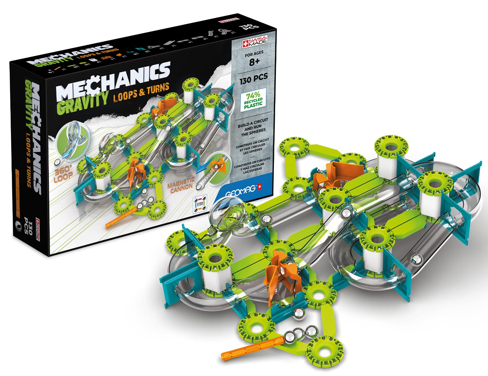 Geomag Mechanics Gravity RE Loops & Turns 130، اسباب بازی STEM و آموزشی مغناطیسی، تولید شده در سوئیس، از پلاستیک بازیافتی 100٪، اسباب بازی با پایان باز، اسباب بازی ساخت و ساز، بالای 8 سال، 130 تکه سبز
