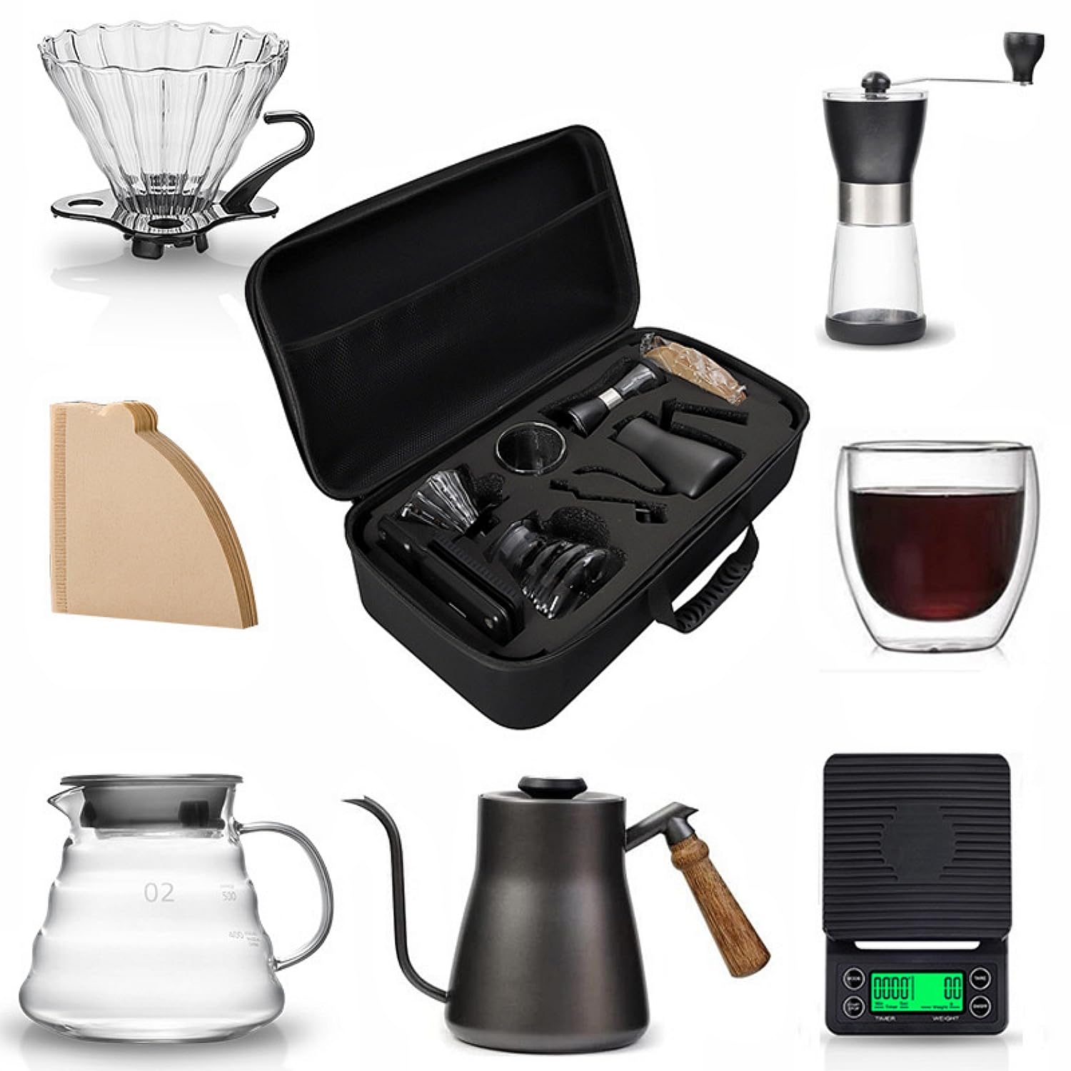 ماشین قهوه‌ساز V60، مجموعه هدیه، لوازم آشپزخانه، تراز وزن V60 با تایمر، قوری ریختن پور اور، قوری سرو Paper Filter سیاه