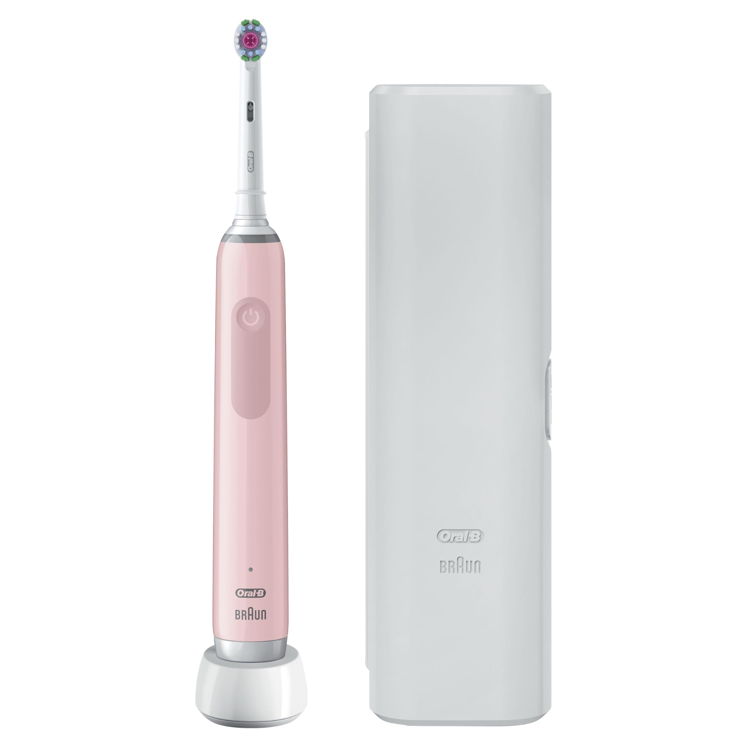 مسواک الکتریکی پینک Oral-B Pro 3 - 3500، 1 دسته با حس‌گر فشار قابل مشاهده، 1 سر مسواک، 1 کیس سفر، طراحی شده توسط Braun [با پلاگ انگلیسی] دسته پینک
