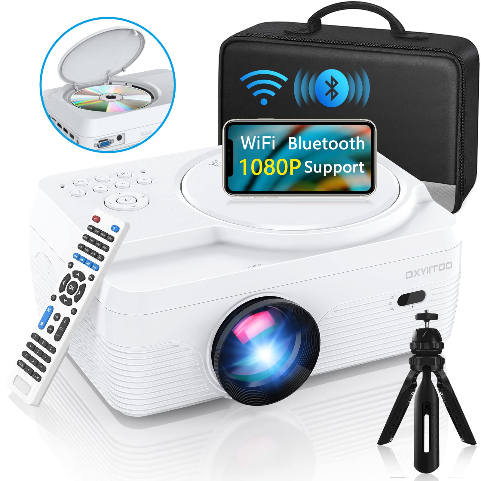 پروژکتور فیلم Full HD با وای فای و بلوتوث، دارای پخش‌کننده DVD داخلی، با قدرت 8000LM و پشتیبانی از رزولوشن 1080P، پروژکتور DVD قابل حمل برای فیلم‌های خارجی، سینمای خانگی 250 اینچ، سازگار با iOS/Android/TV Stick/PS4/HDMI/USB/TF 201s